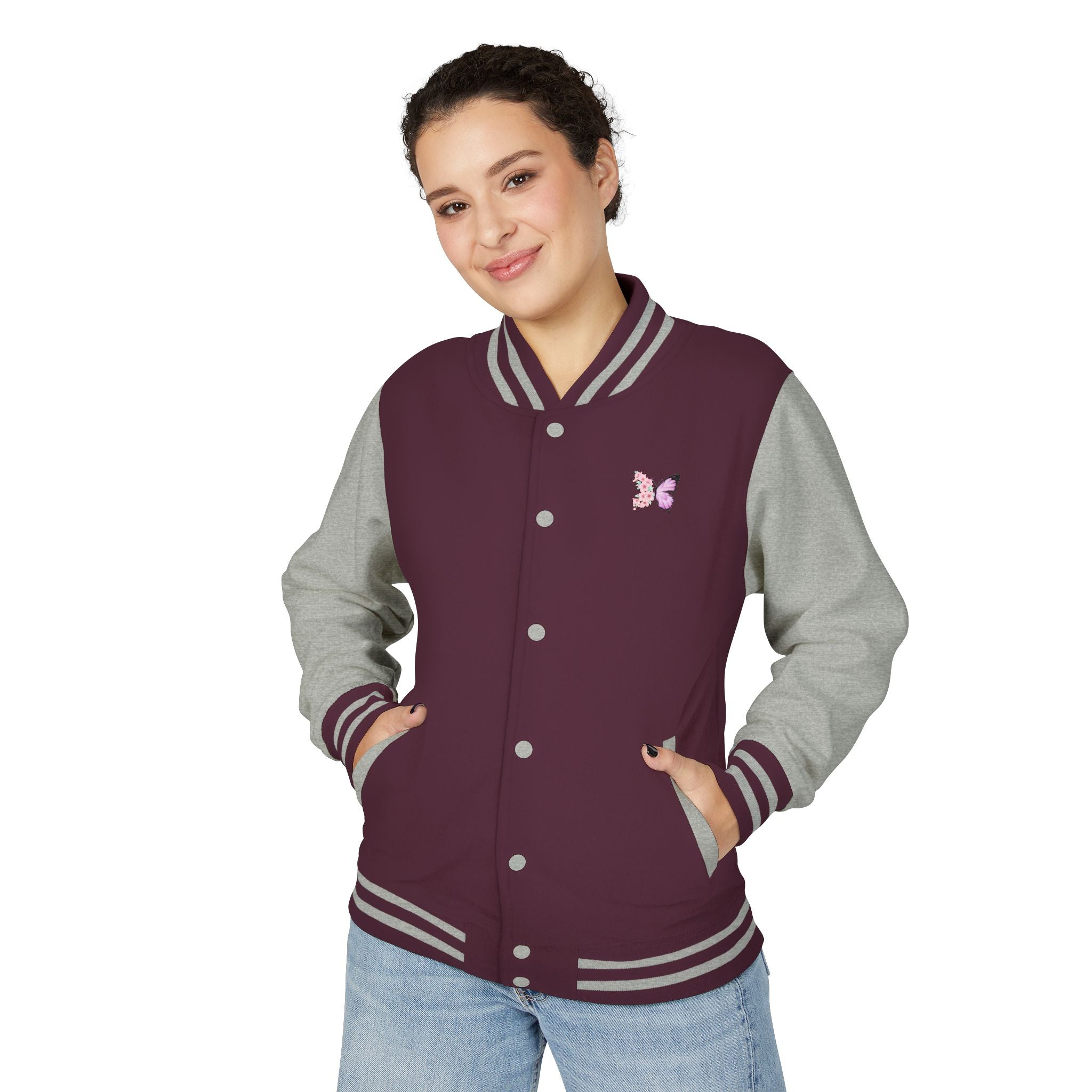 Unisex Navy Blue Floral Butterfly Spring Quote Cotton Blend Letterman Jacket