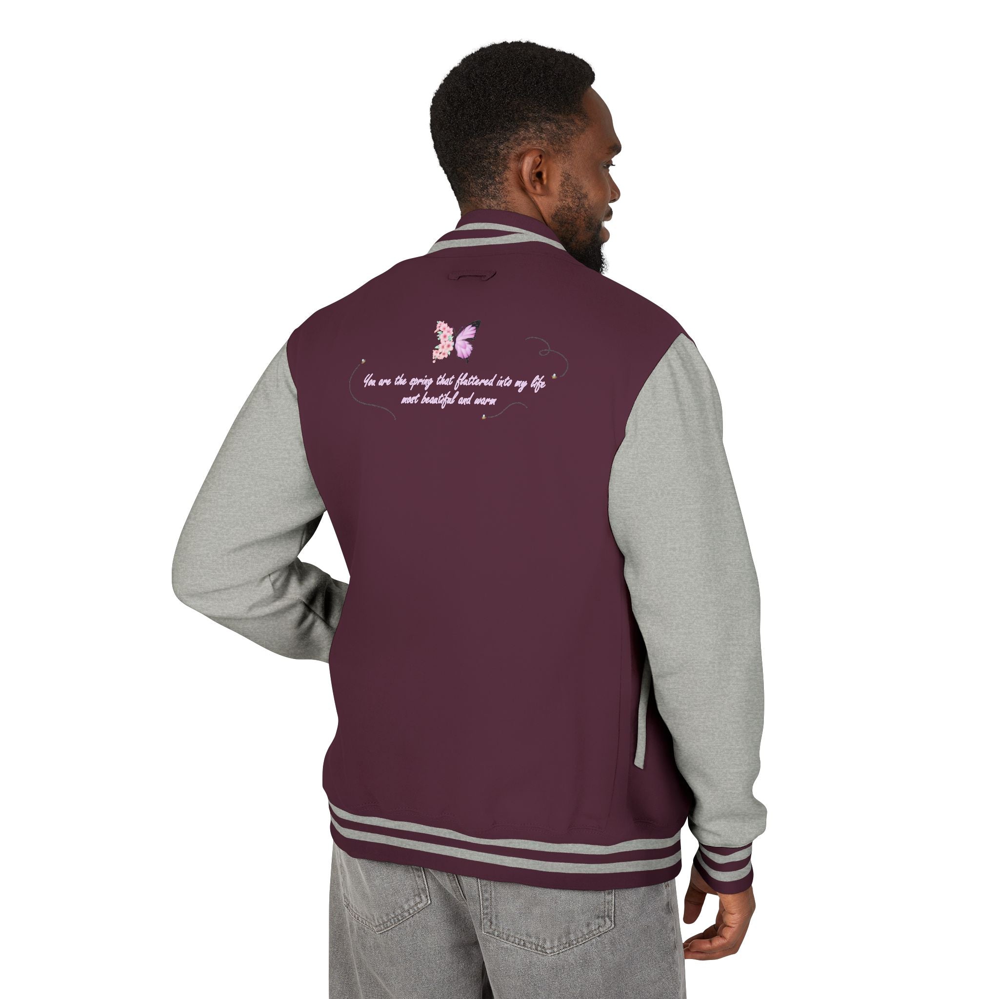 Unisex Navy Blue Floral Butterfly Spring Quote Cotton Blend Letterman Jacket