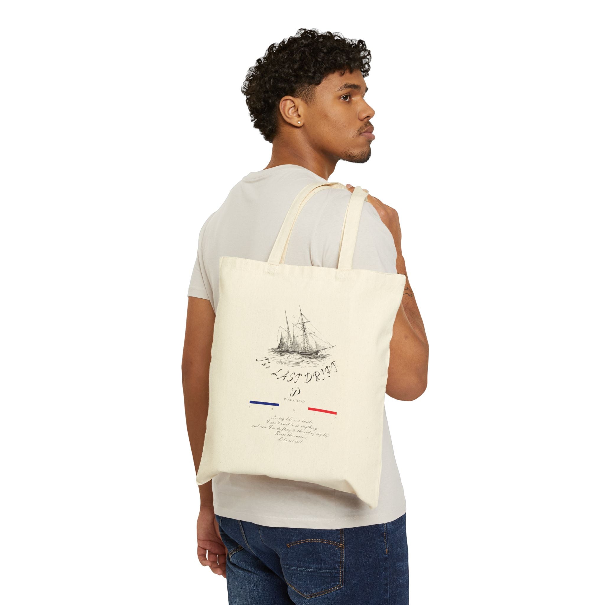 Paris Sailing Ship Print Cotton Canvas Tote Bag Natural Color