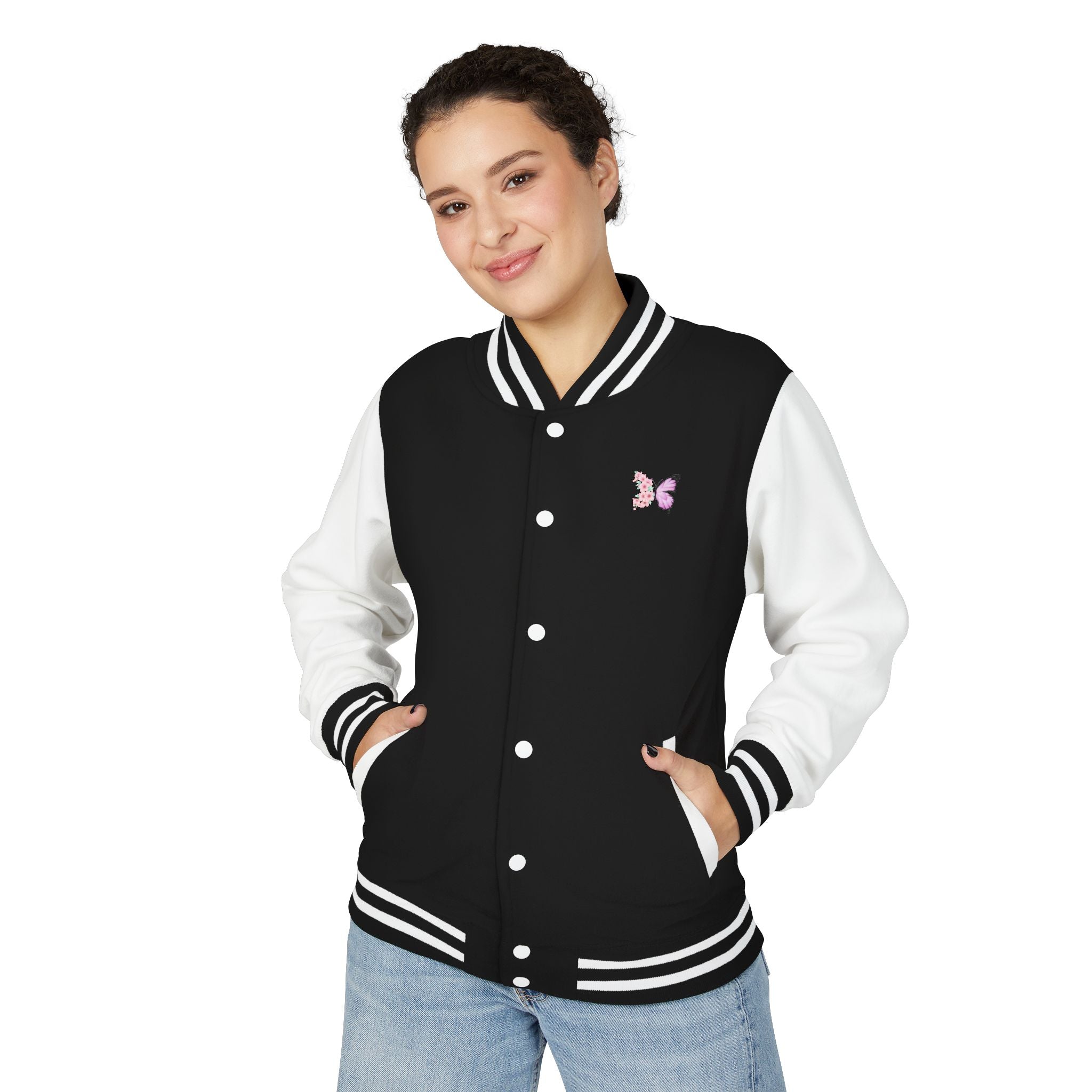 Unisex Navy Blue Floral Butterfly Spring Quote Cotton Blend Letterman Jacket