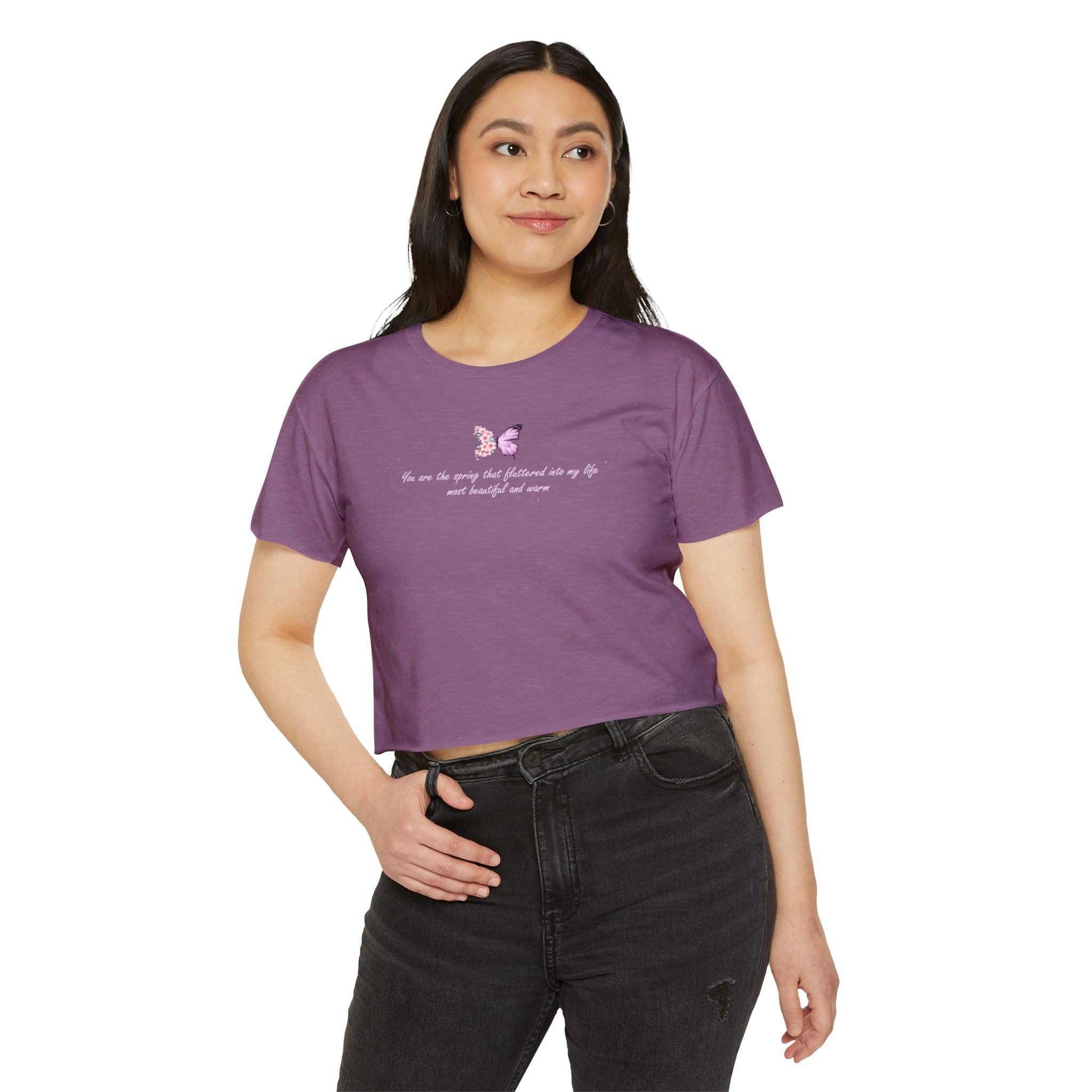 Women's Purple Floral Butterfly Spring Quote Cotton Blend Crop Top