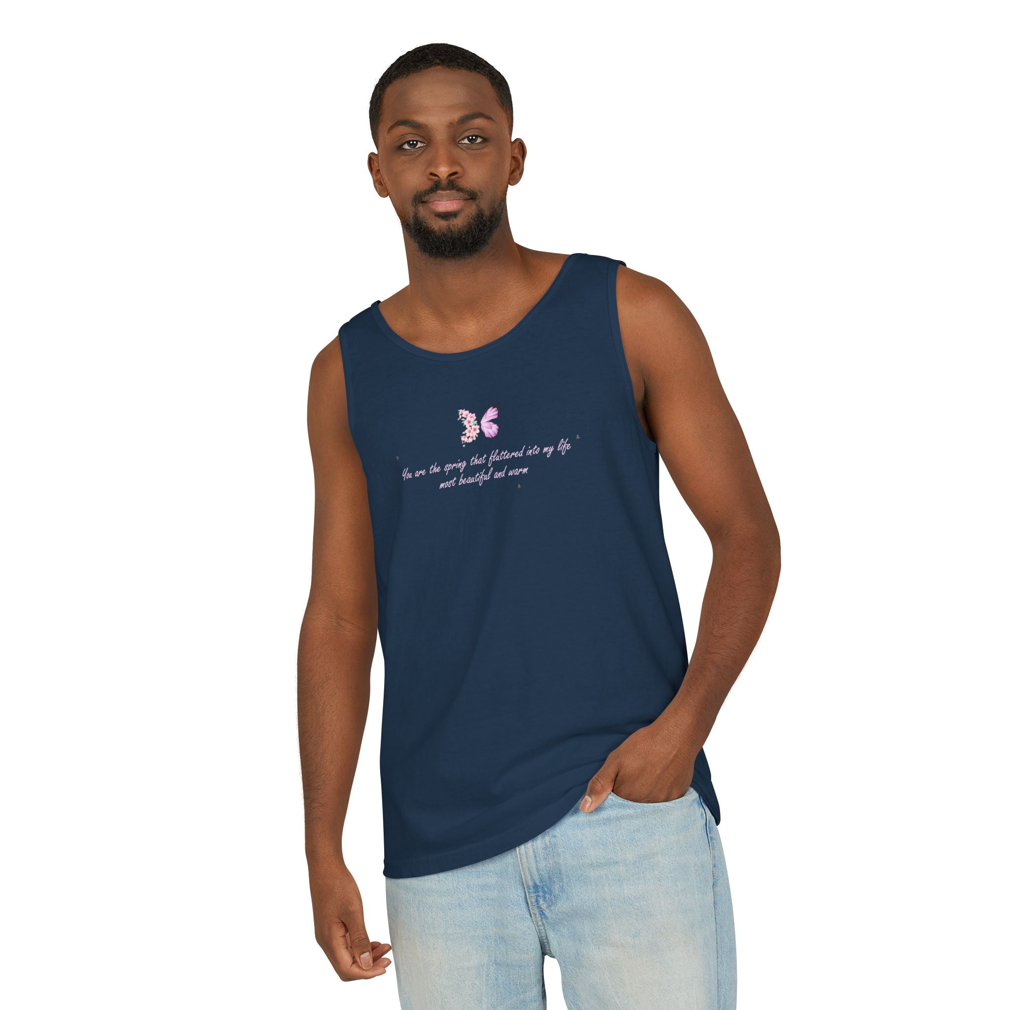 Unisex Navy Blue Floral Butterfly Spring Quote 100% Cotton Tank Top