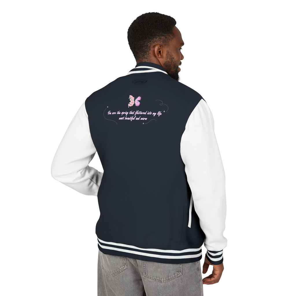 Unisex Navy Blue Floral Butterfly Spring Quote Cotton Blend Letterman Jacket