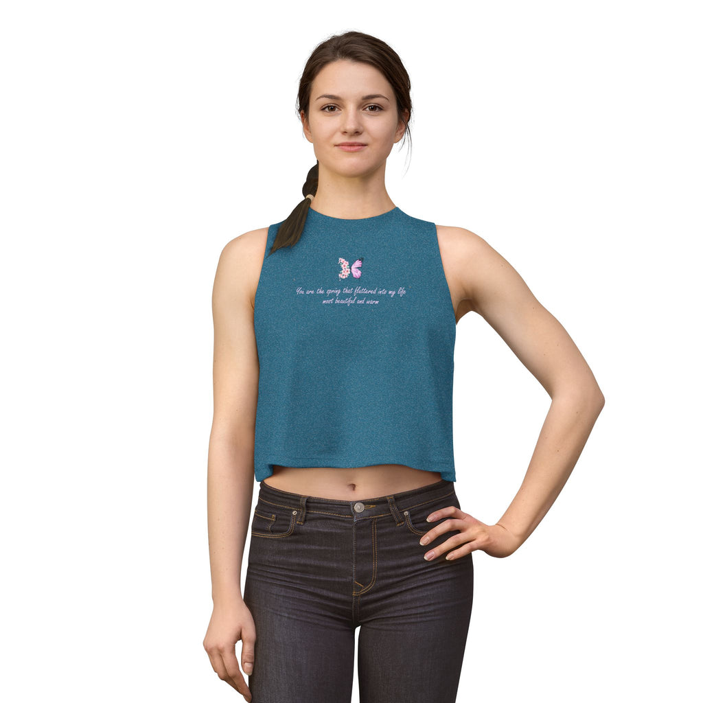 Women's Black Floral Butterfly Spring Quote Cotton Blend Crop Top