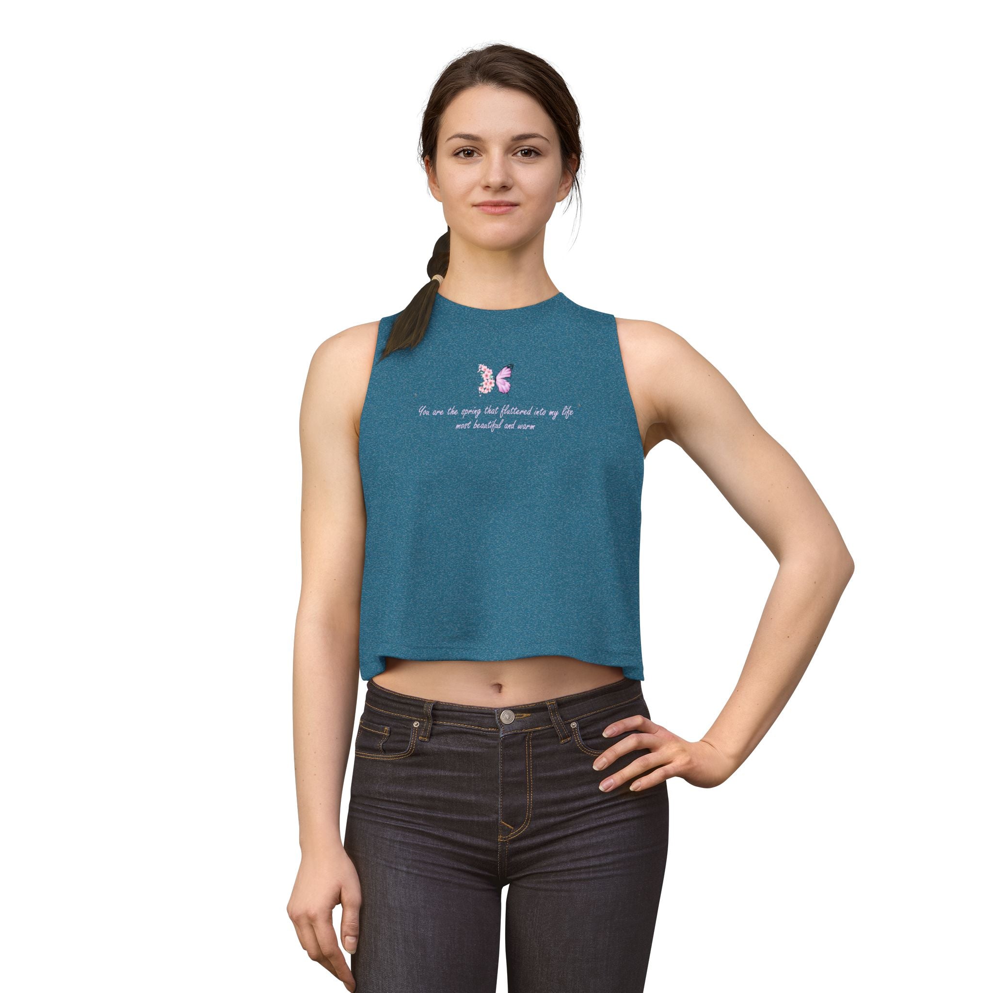 Women's Black Floral Butterfly Spring Quote Cotton Blend Crop Top