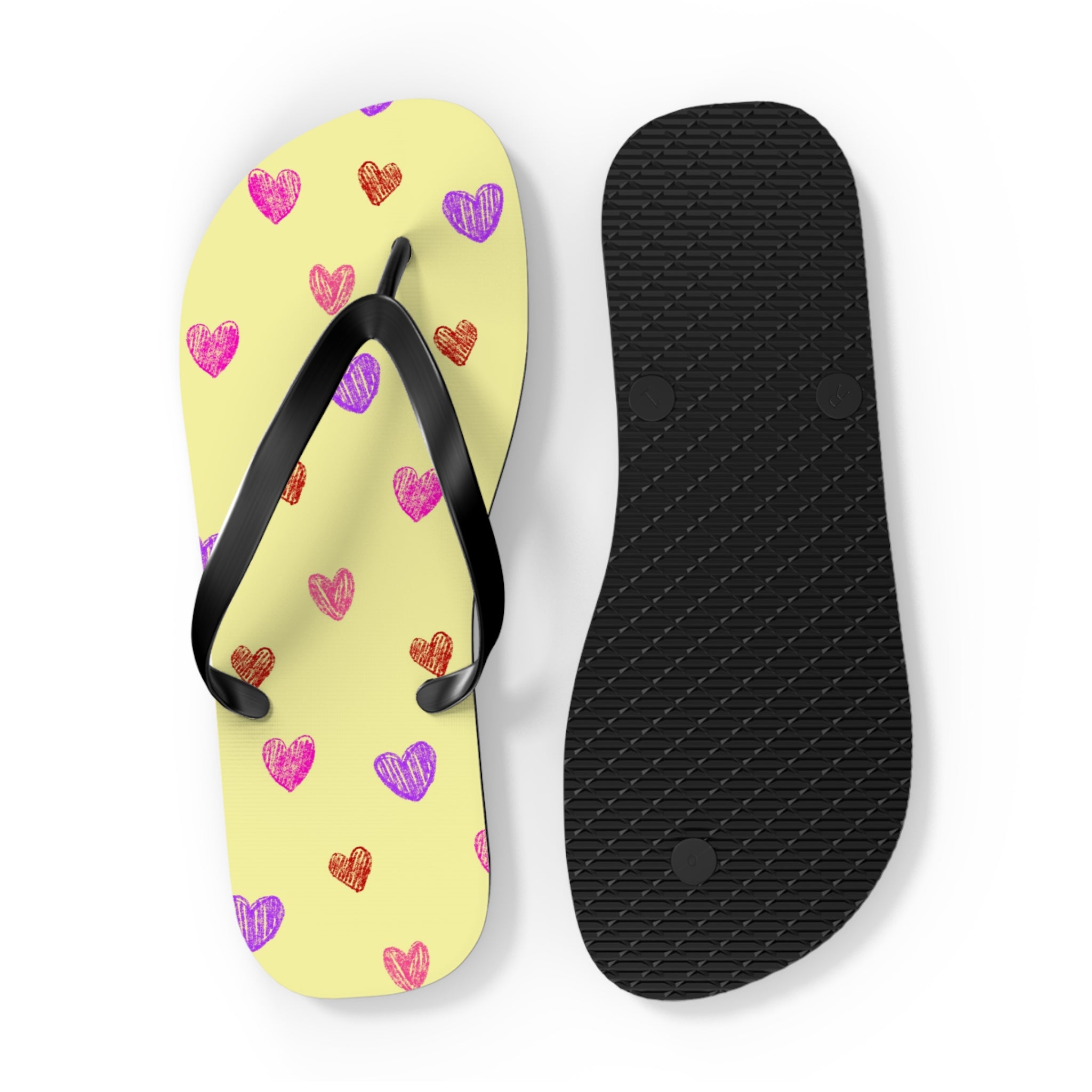 Unisex Light Yellow Colorful Hand Drawn Heart Pattern EVA Polyester Flip Flops