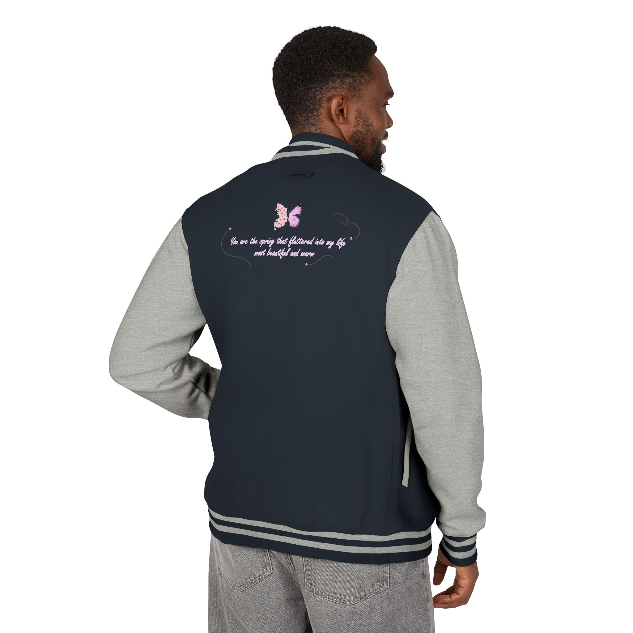 Unisex Navy Blue Floral Butterfly Spring Quote Cotton Blend Letterman Jacket