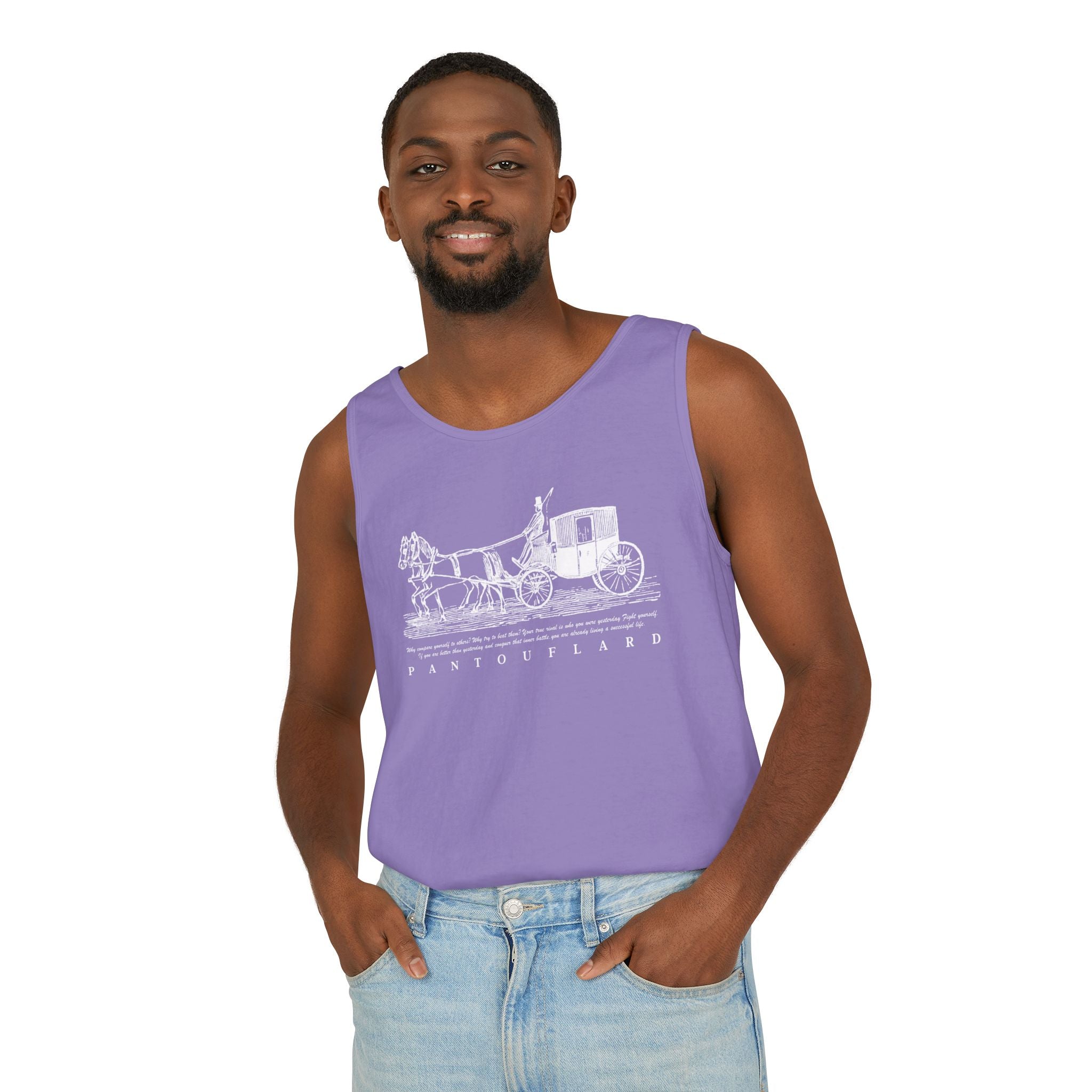 Unisex Black Pantouflard Carriage Cotton Garment-Dyed Tank Top