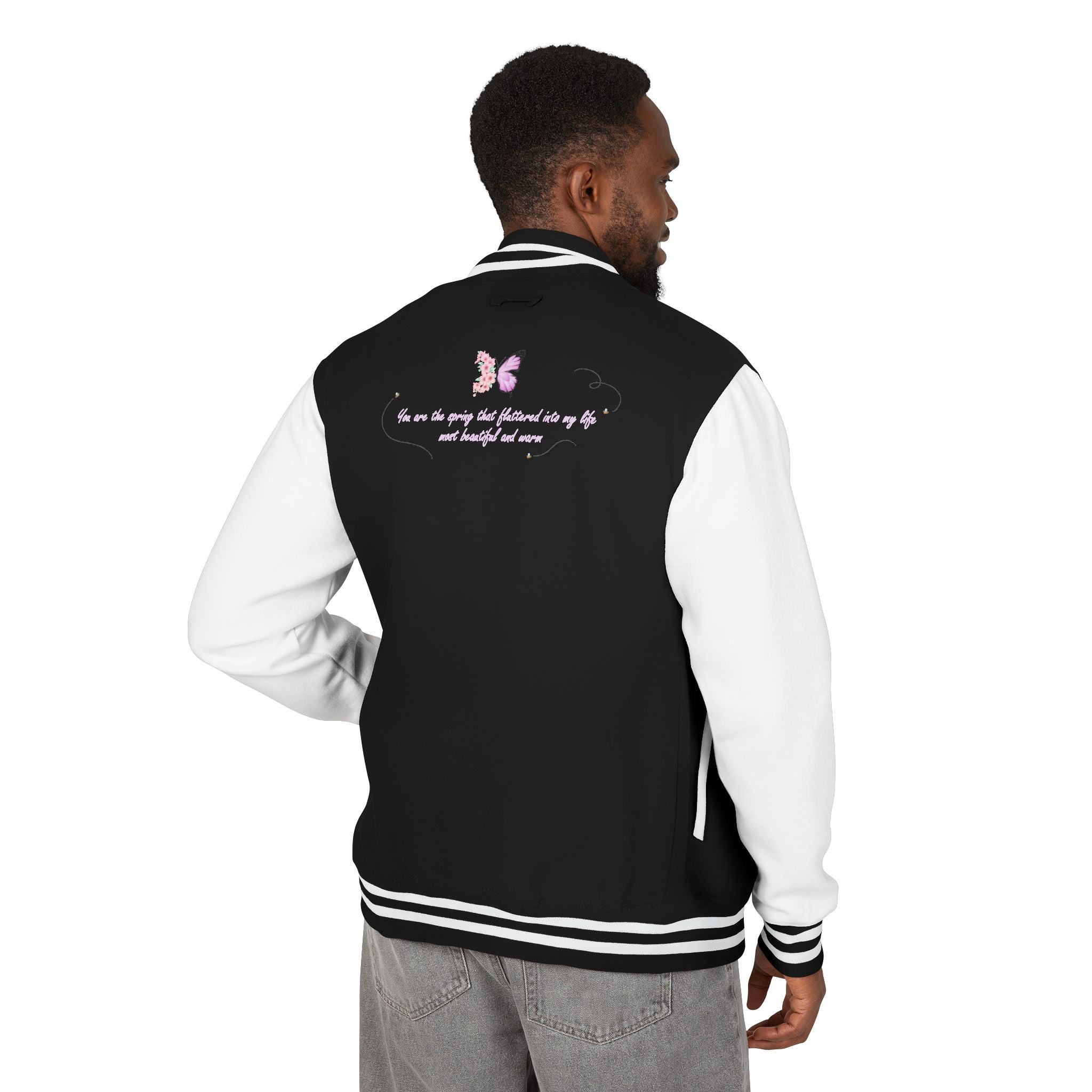 Unisex Navy Blue Floral Butterfly Spring Quote Cotton Blend Letterman Jacket