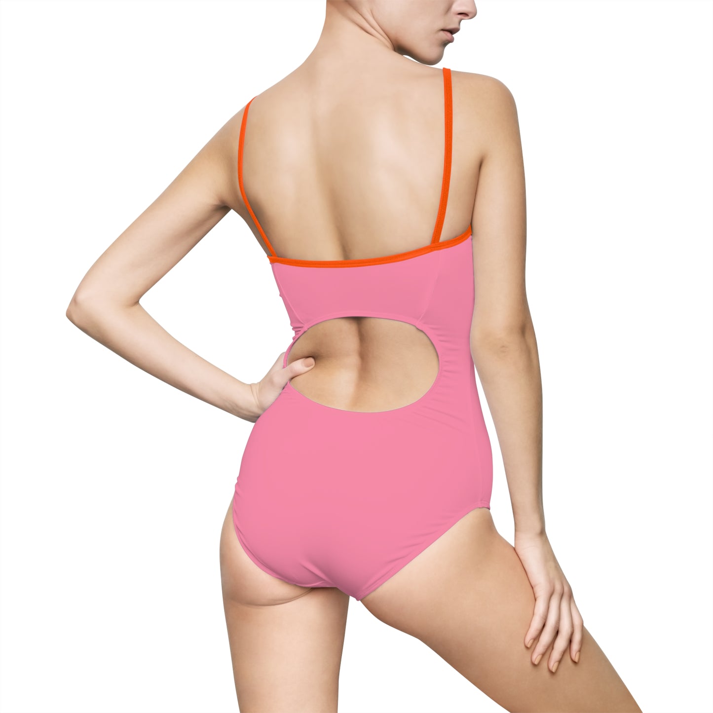 Women's One Piece Swimsuit (Blue heart on pink background)
