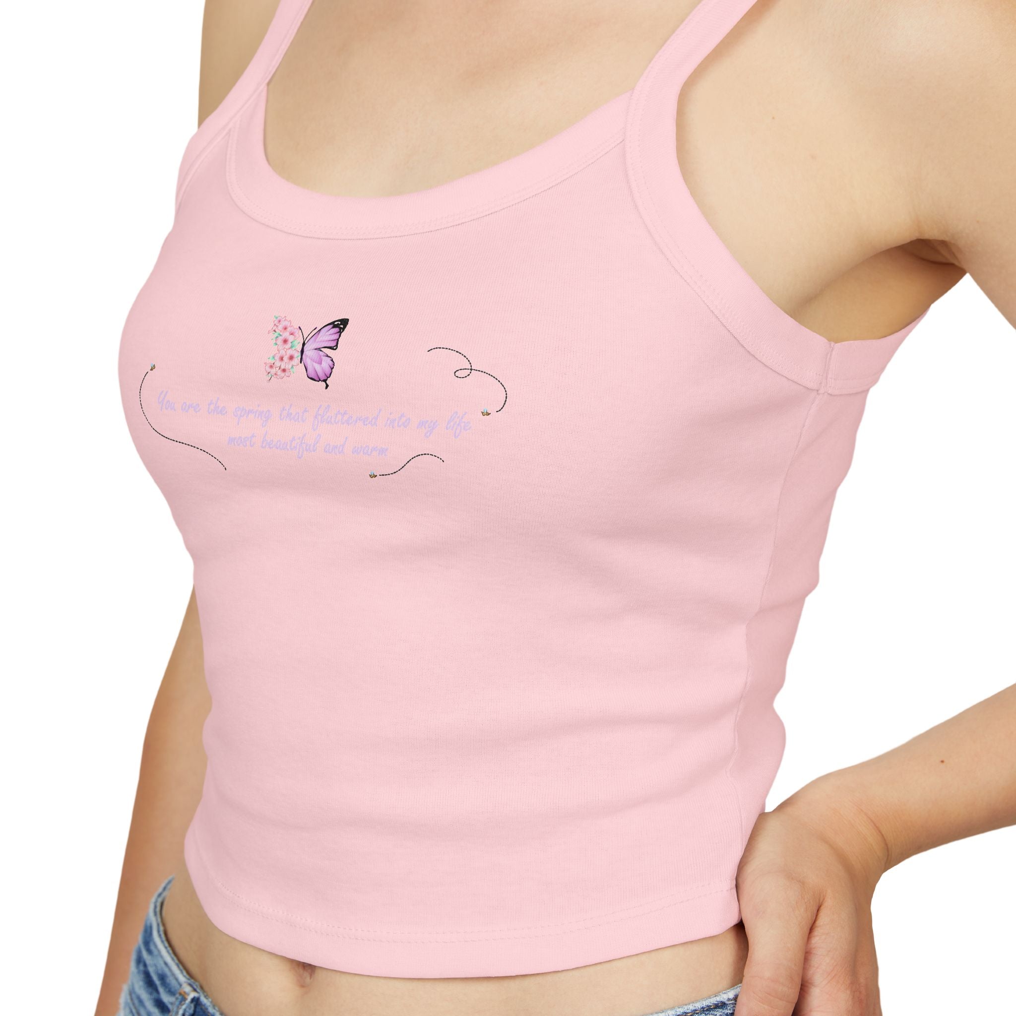 Women's Pink Floral Butterfly Spring Quote Cotton Blend Spaghetti Strap Tank Top