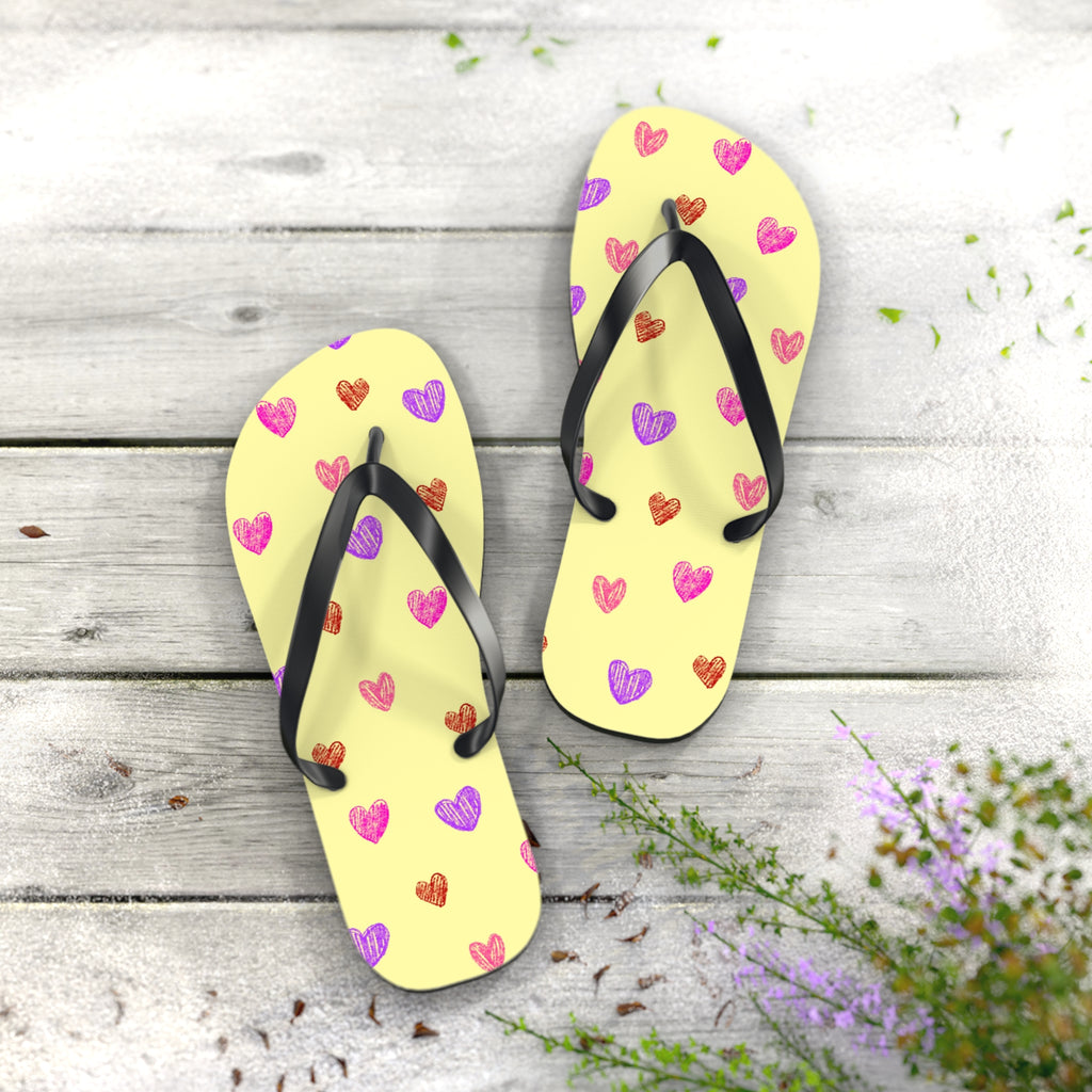 Unisex Light Yellow Colorful Hand Drawn Heart Pattern EVA Polyester Flip Flops