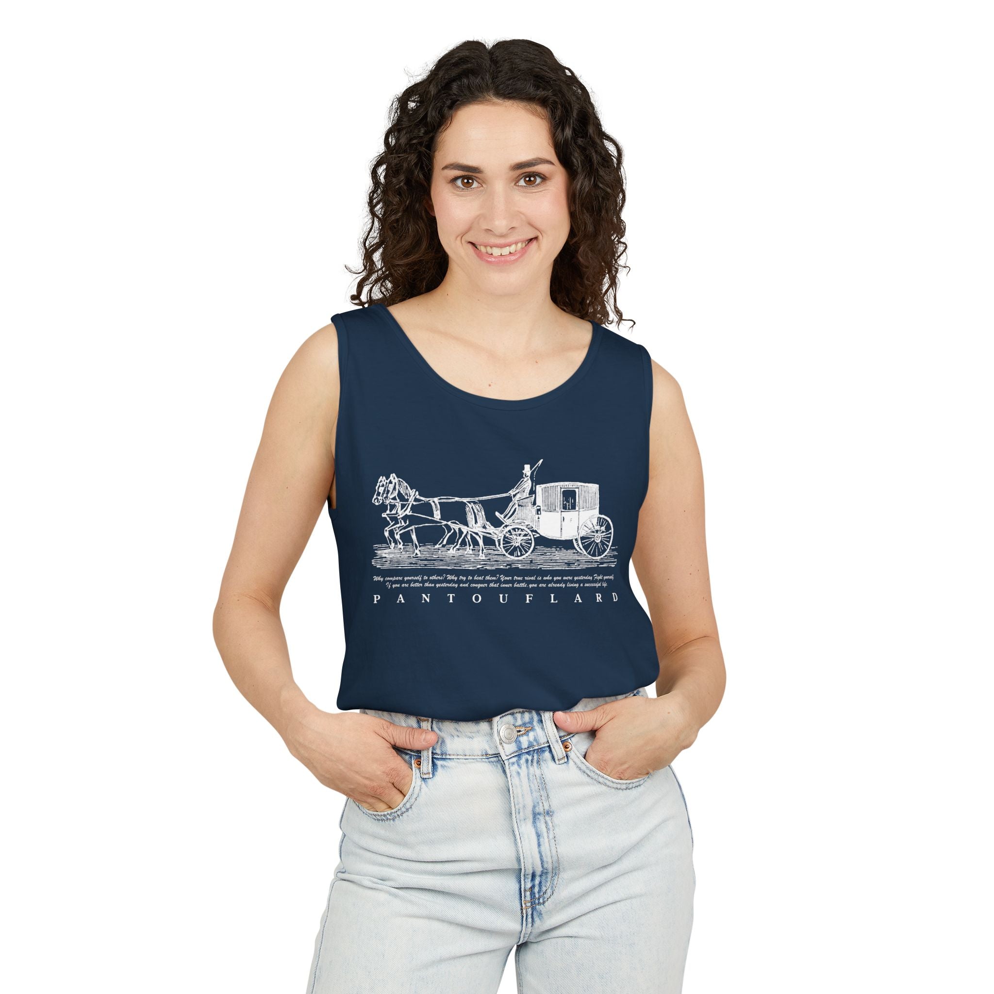 Unisex Black Pantouflard Carriage Cotton Garment-Dyed Tank Top