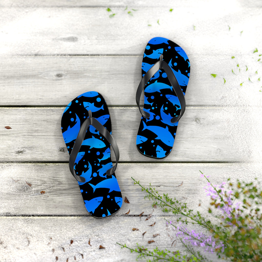 Men's/Women's Blue and Black Shark Print Flip Flops - Graphic Thong Sandals