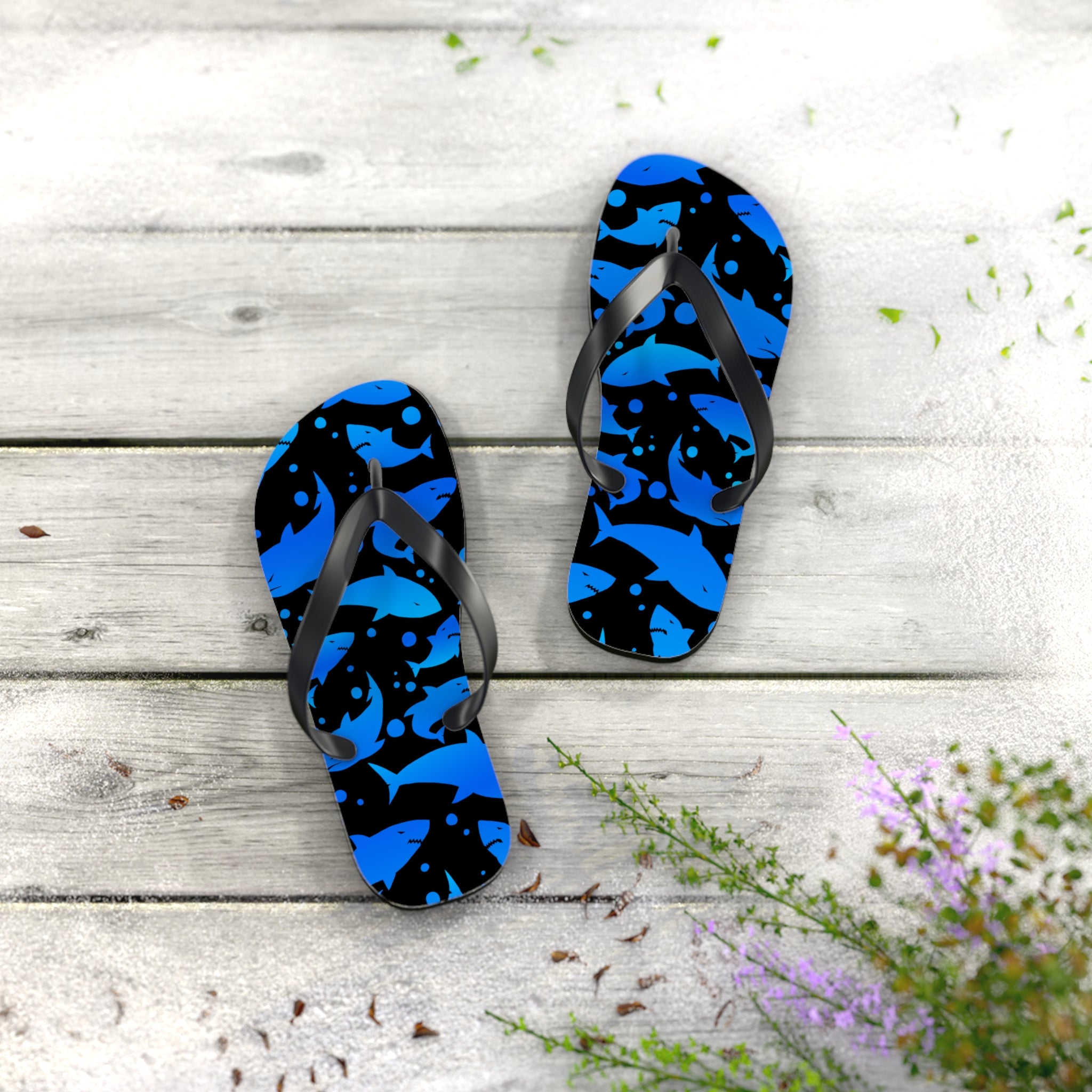 Men's/Women's Blue and Black Shark Print Flip Flops - Graphic Thong Sandals