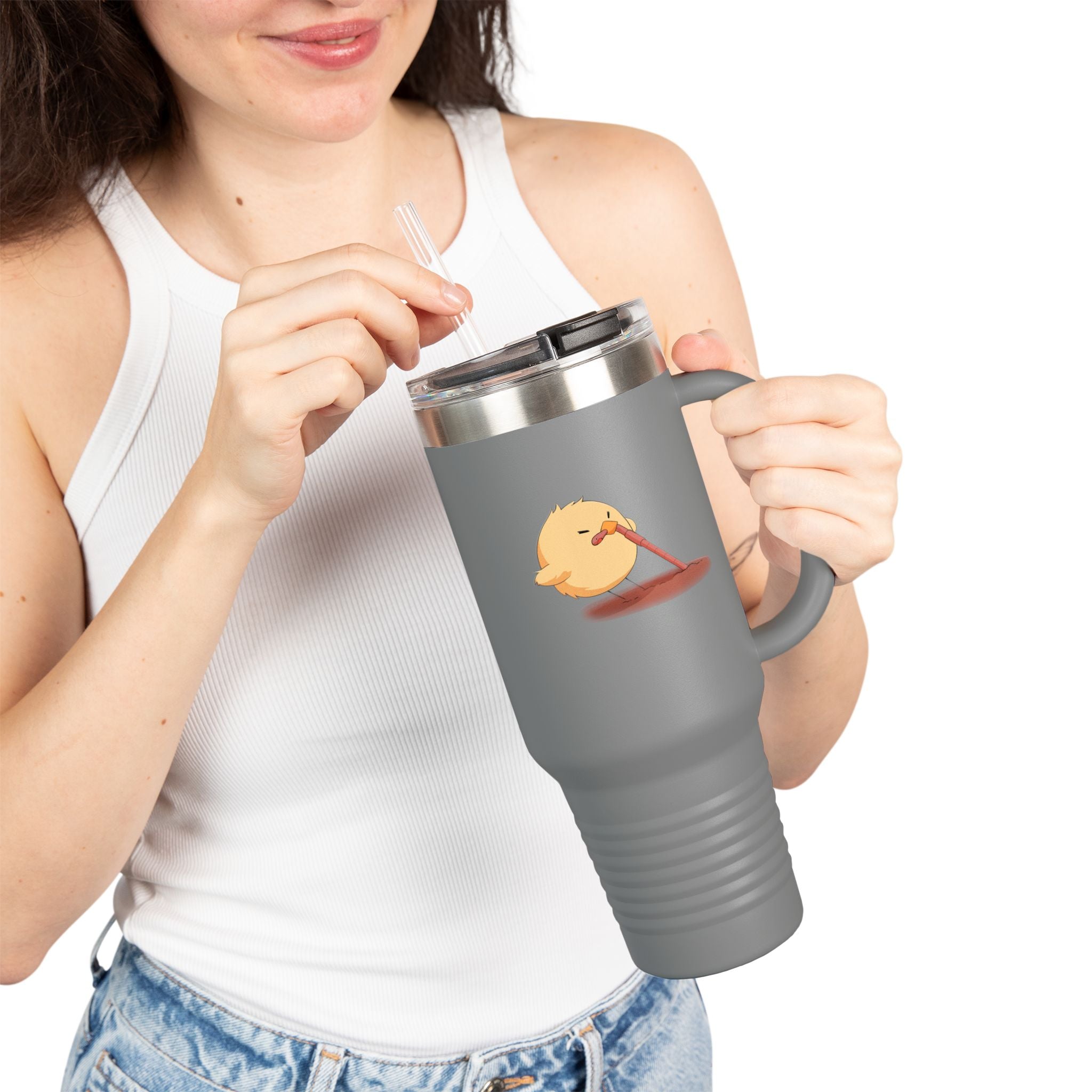 Black Cute Chick Pulling Worm 40oz Stainless Steel Insulated Travel Mug