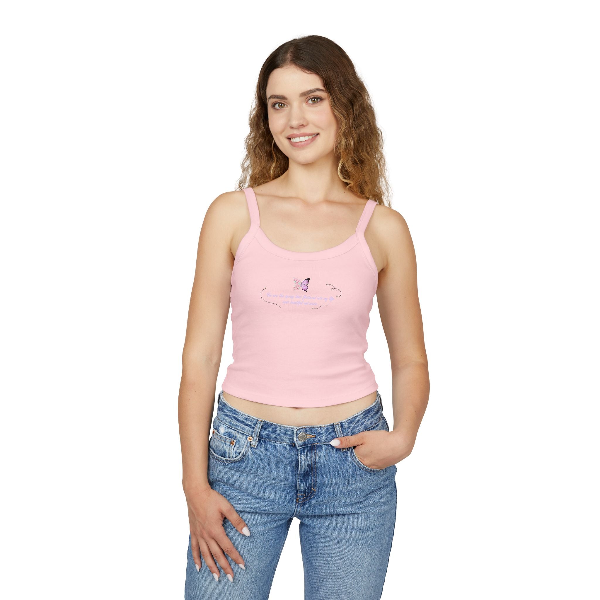 Women's Pink Floral Butterfly Spring Quote Cotton Blend Spaghetti Strap Tank Top