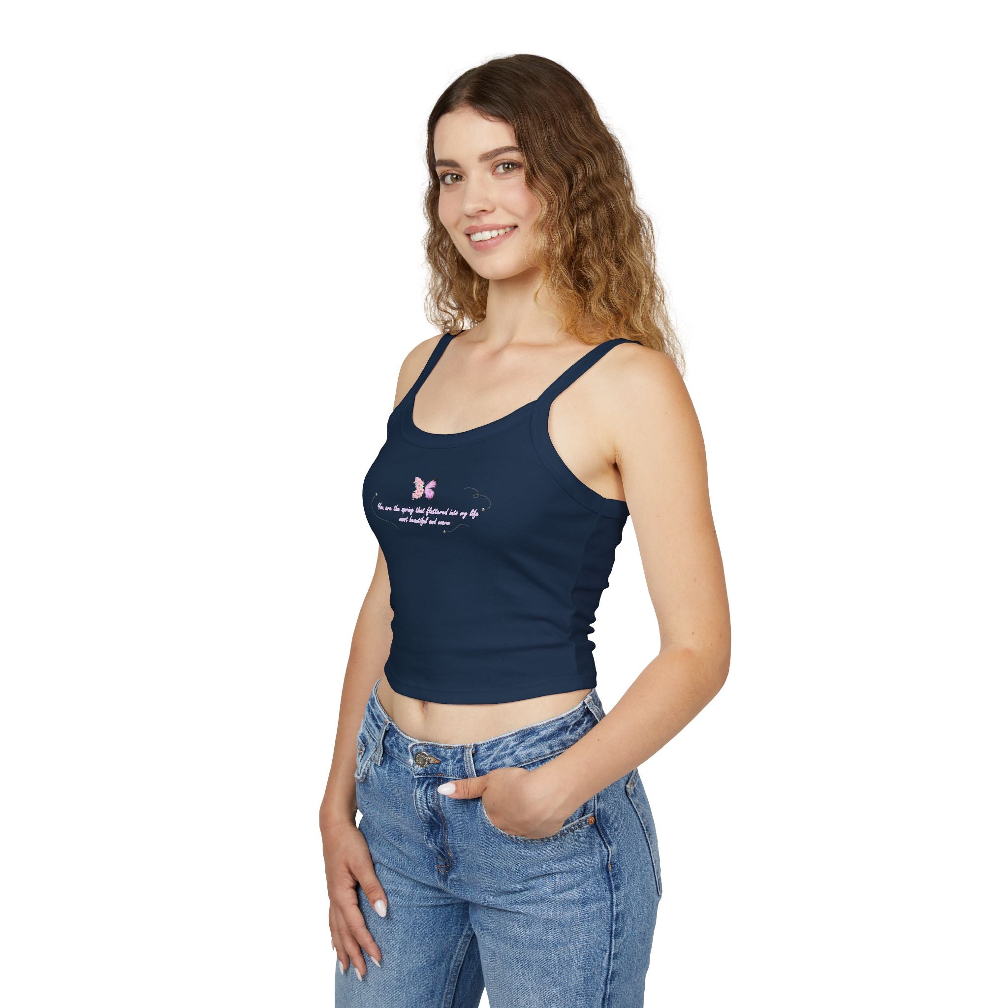 Women's Pink Floral Butterfly Spring Quote Cotton Blend Spaghetti Strap Tank Top