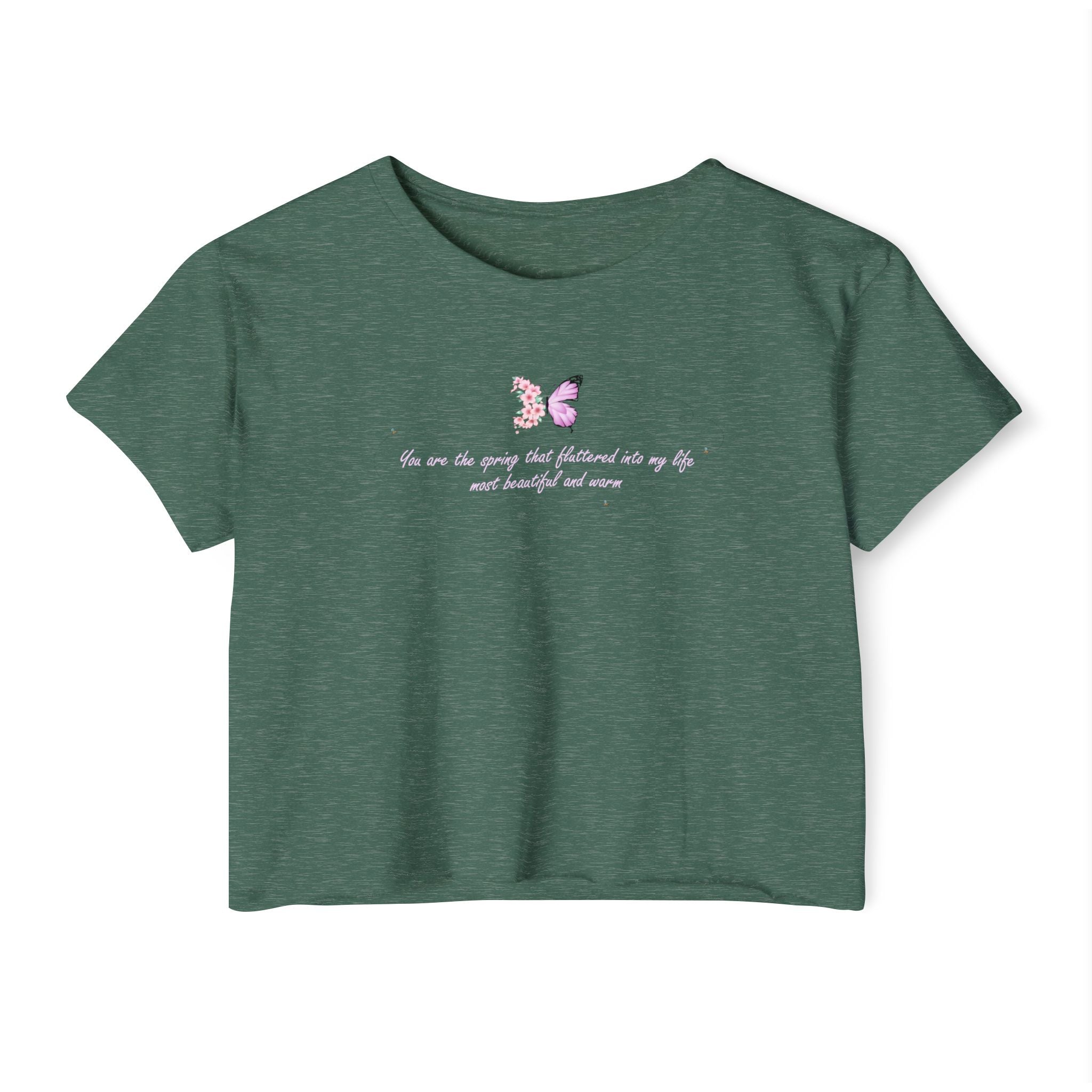 Women's Purple Floral Butterfly Spring Quote Cotton Blend Crop Top