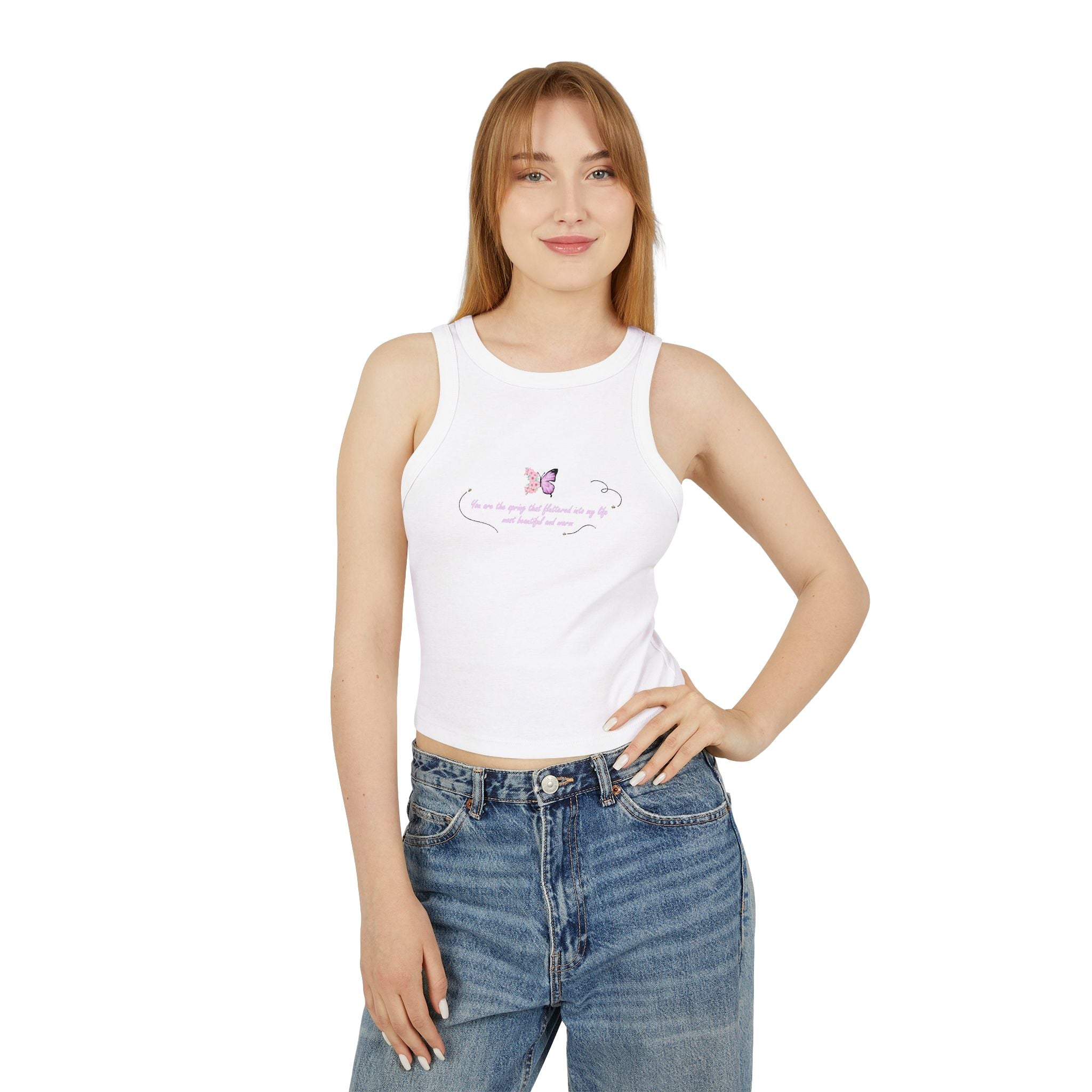 Women's Navy Blue Floral Butterfly Spring Quote Cotton Blend Racer Tank Top