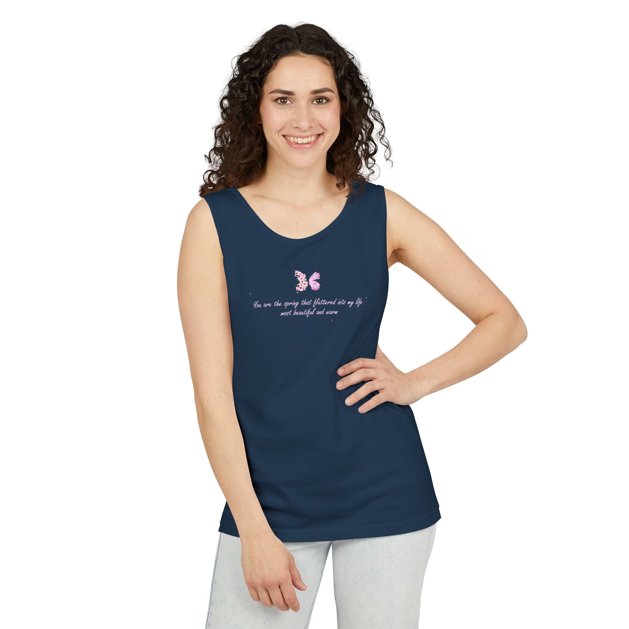 Unisex Navy Blue Floral Butterfly Spring Quote 100% Cotton Tank Top