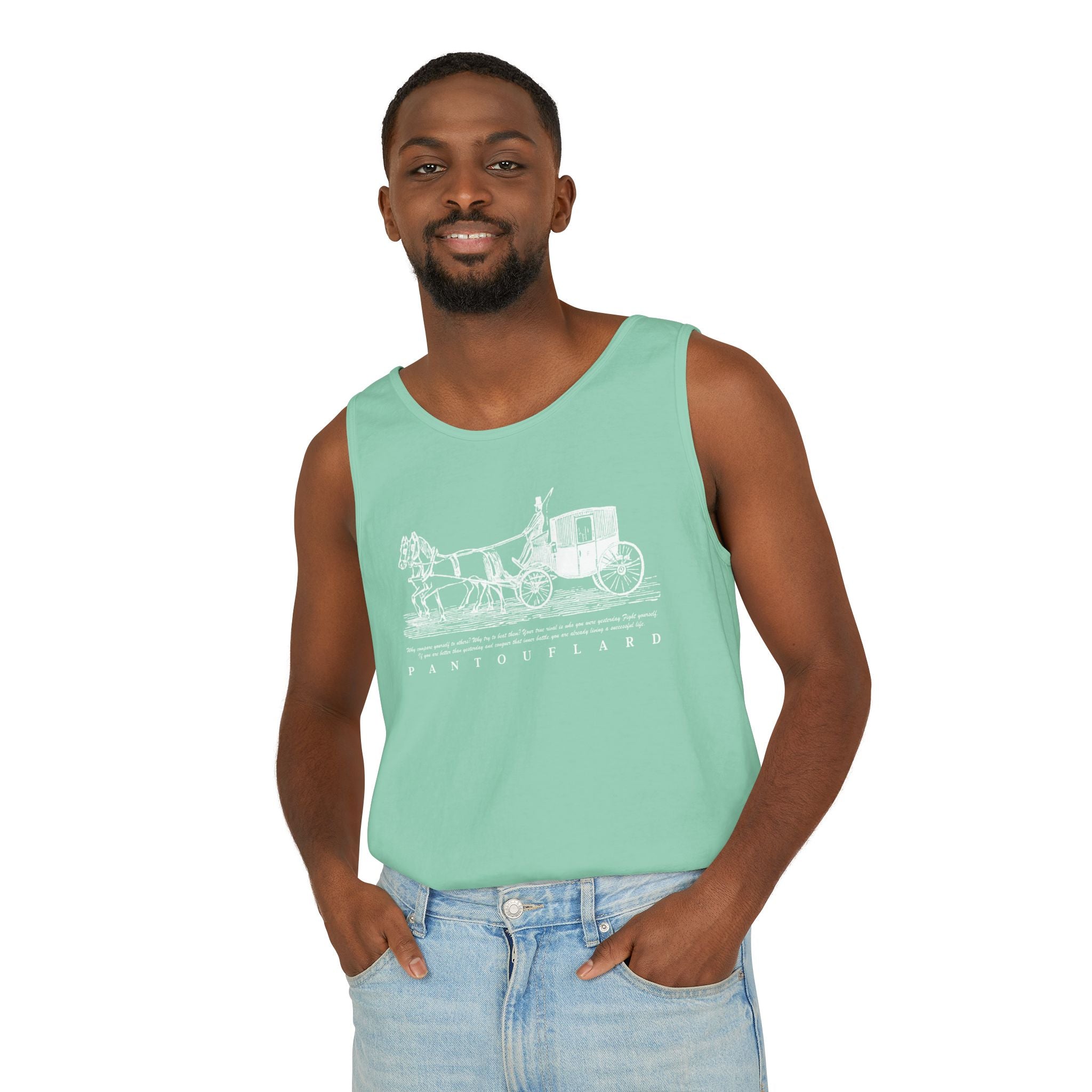 Unisex Black Pantouflard Carriage Cotton Garment-Dyed Tank Top