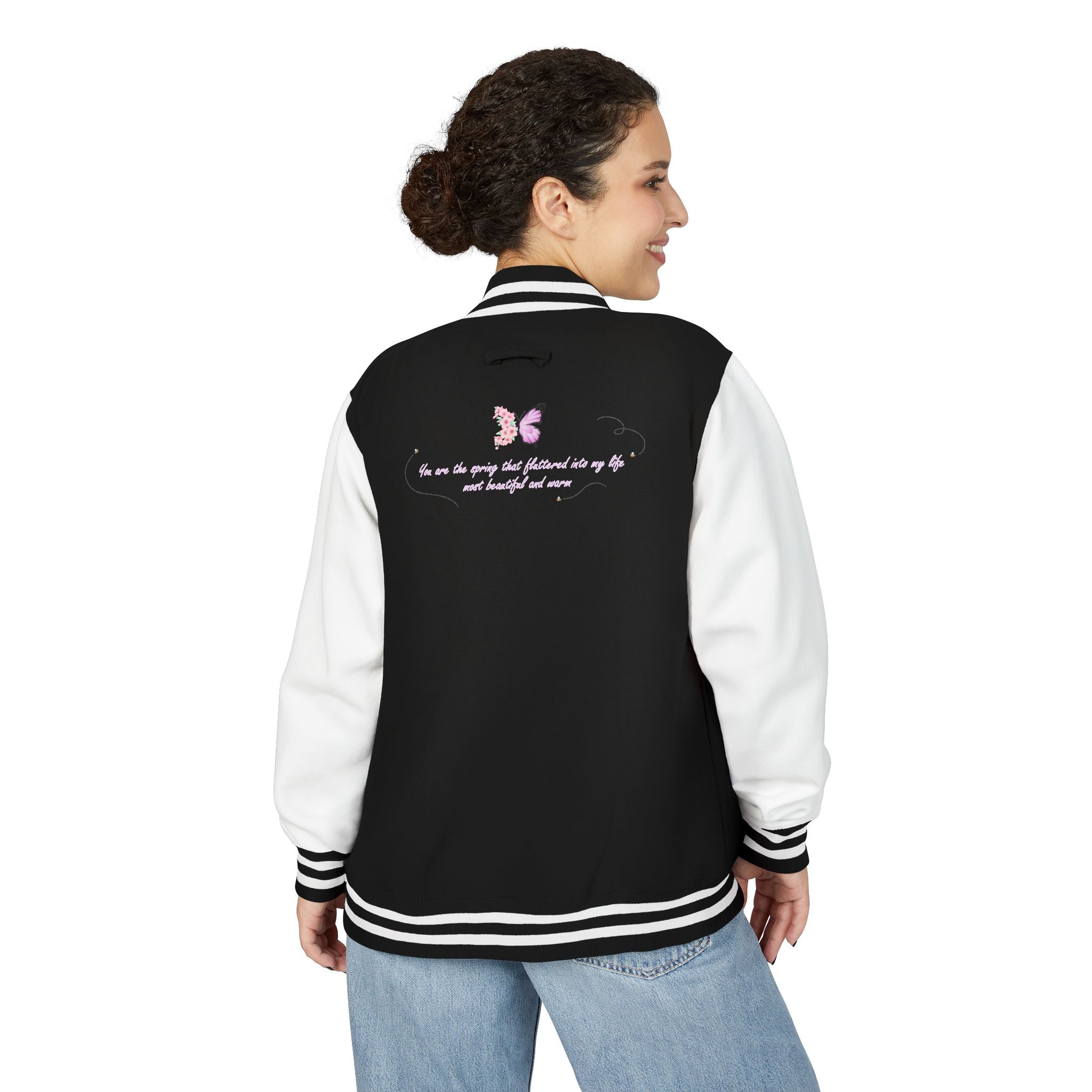 Unisex Navy Blue Floral Butterfly Spring Quote Cotton Blend Letterman Jacket