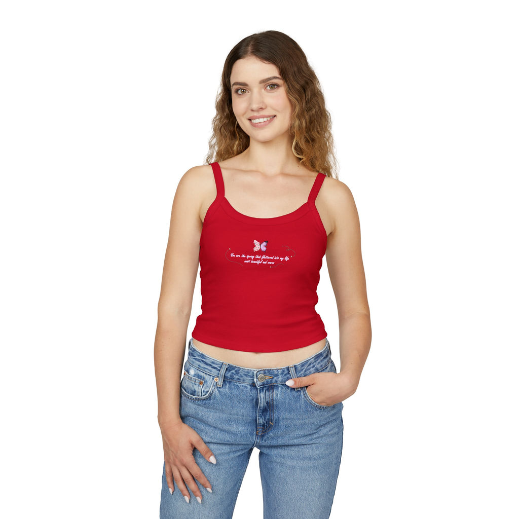 Women's Pink Floral Butterfly Spring Quote Cotton Blend Spaghetti Strap Tank Top