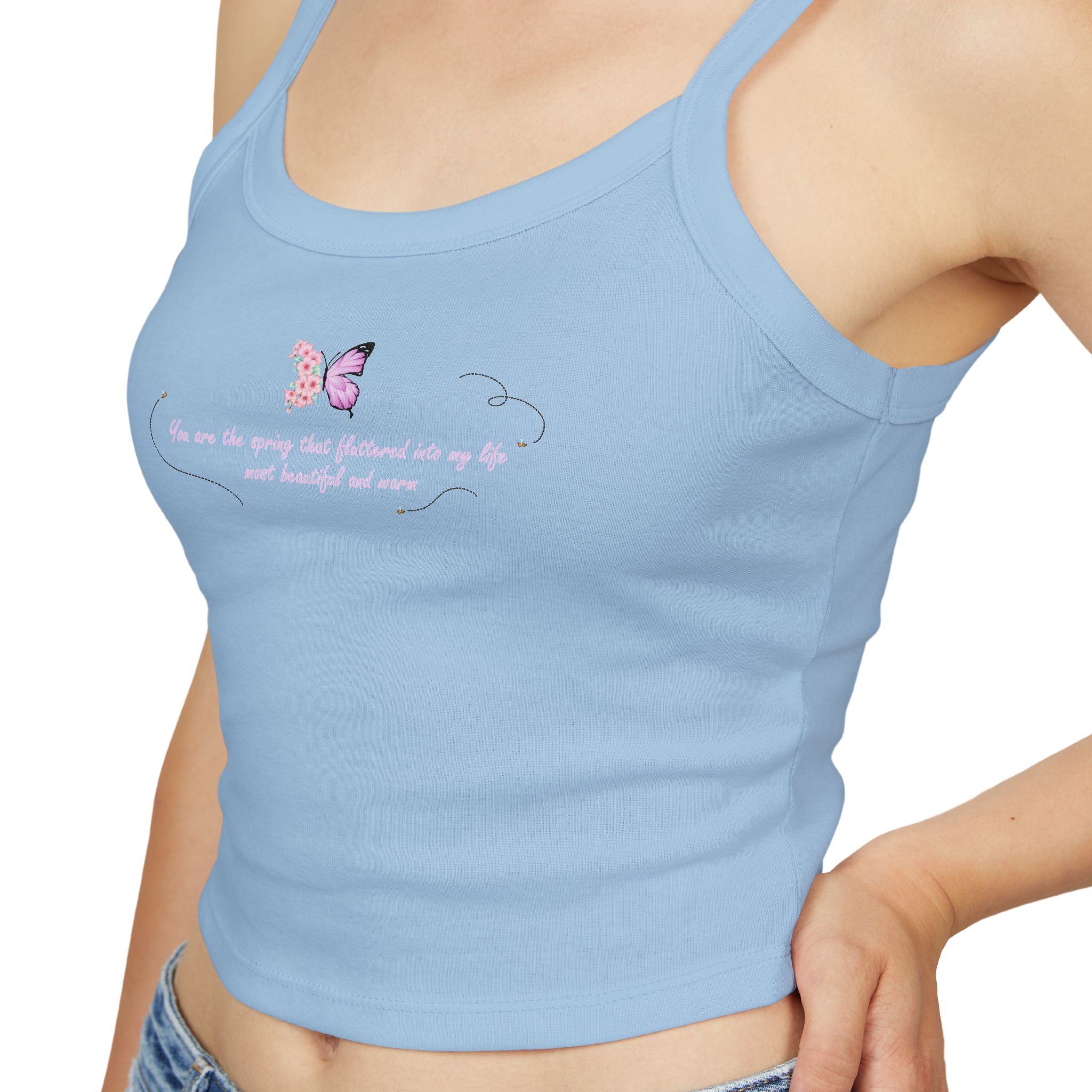 Women's Pink Floral Butterfly Spring Quote Cotton Blend Spaghetti Strap Tank Top