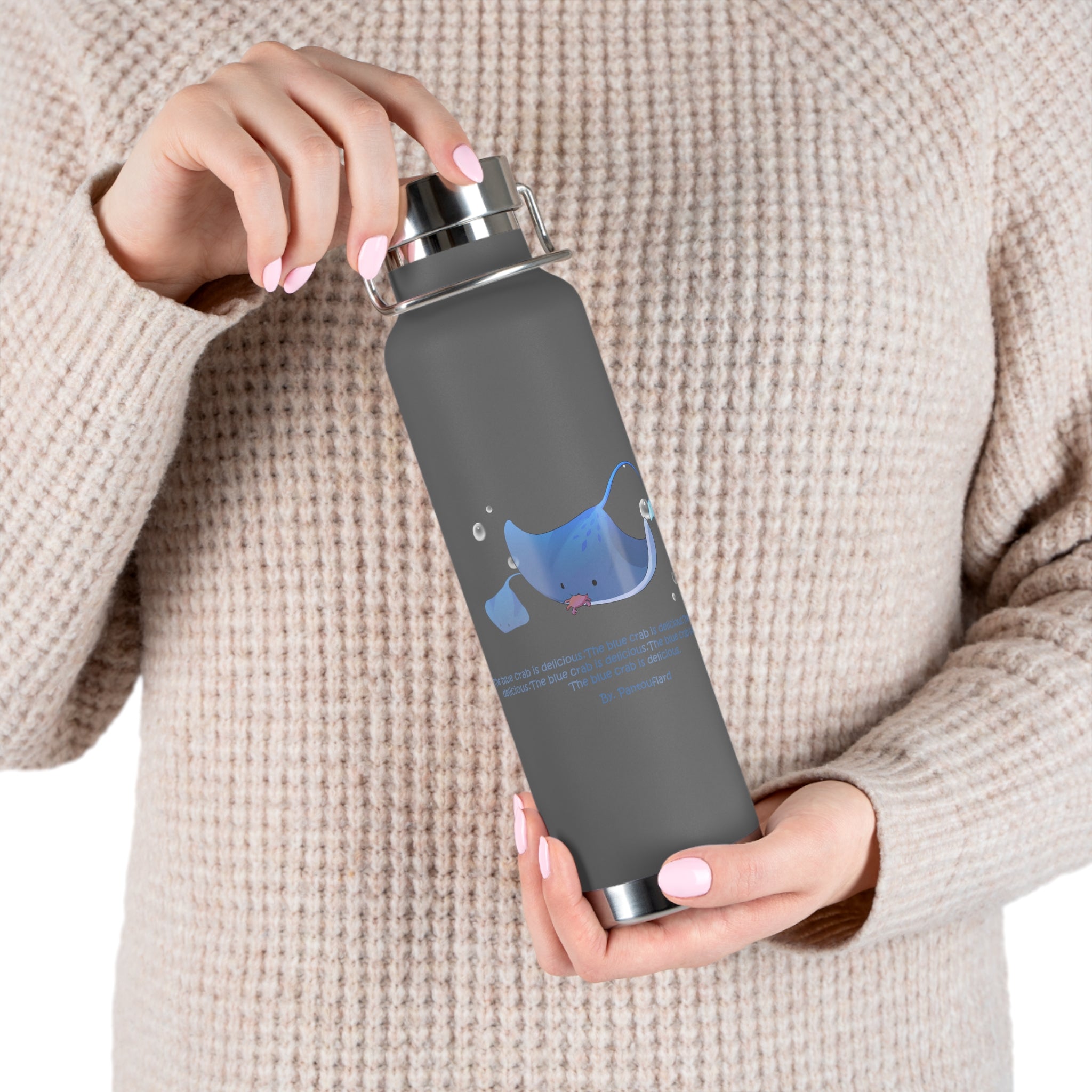 Cyan Blue Cute Stingray Eating Crab Quote 22oz Copper Vacuum Insulated Bottle