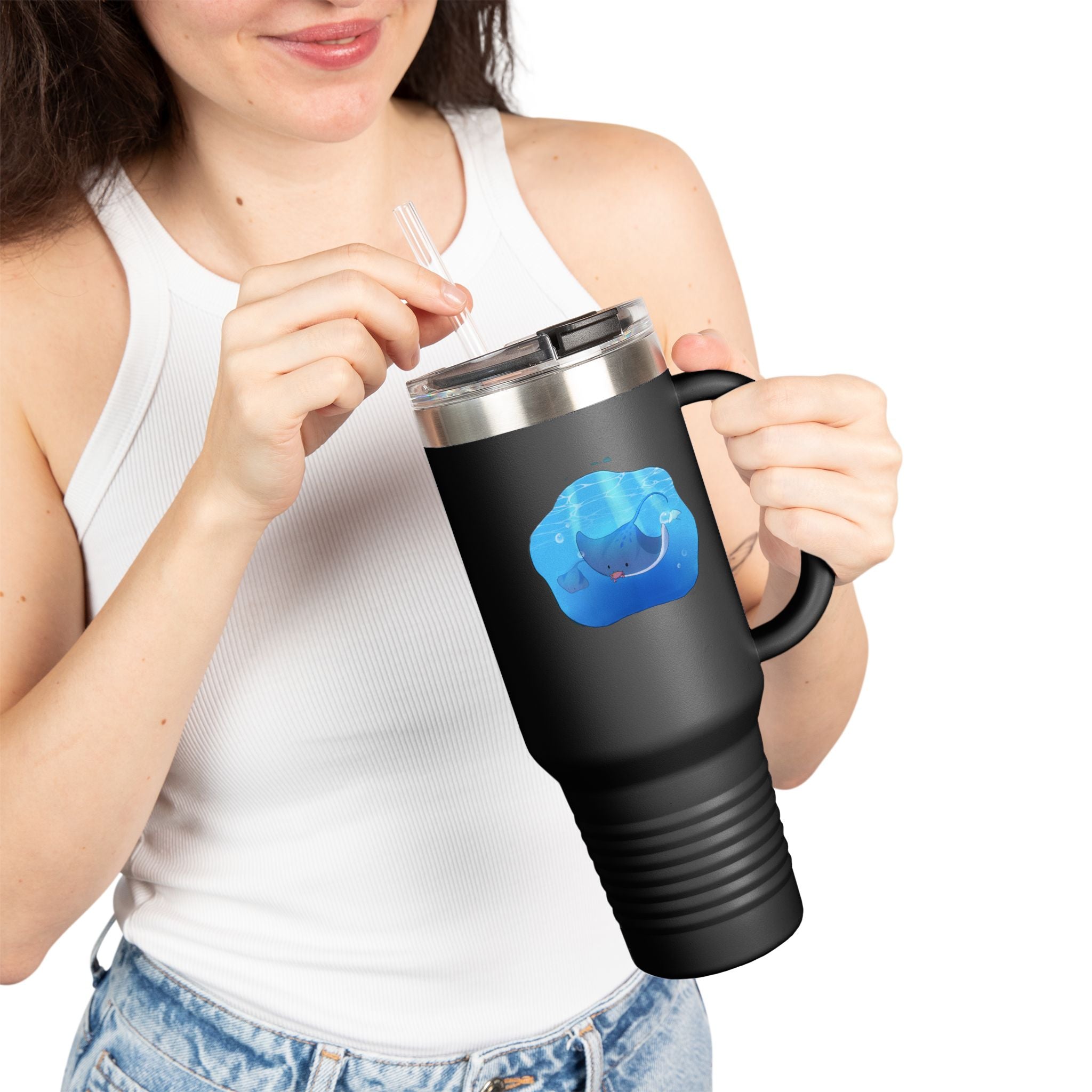Navy Blue Cute Swimming Stingray 40oz Stainless Steel Insulated Travel Mug