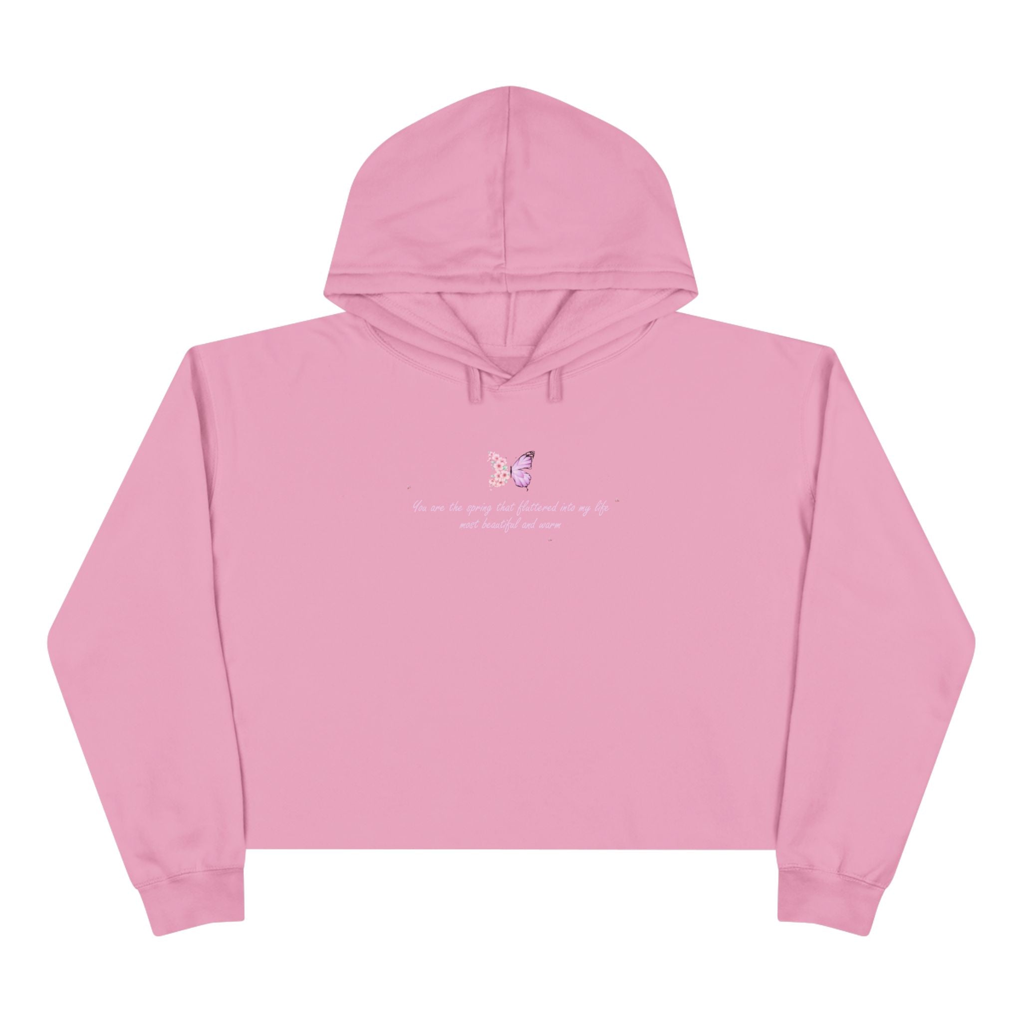 Women's Peach Floral Butterfly Spring Quote Cotton Blend Crop Hoodie