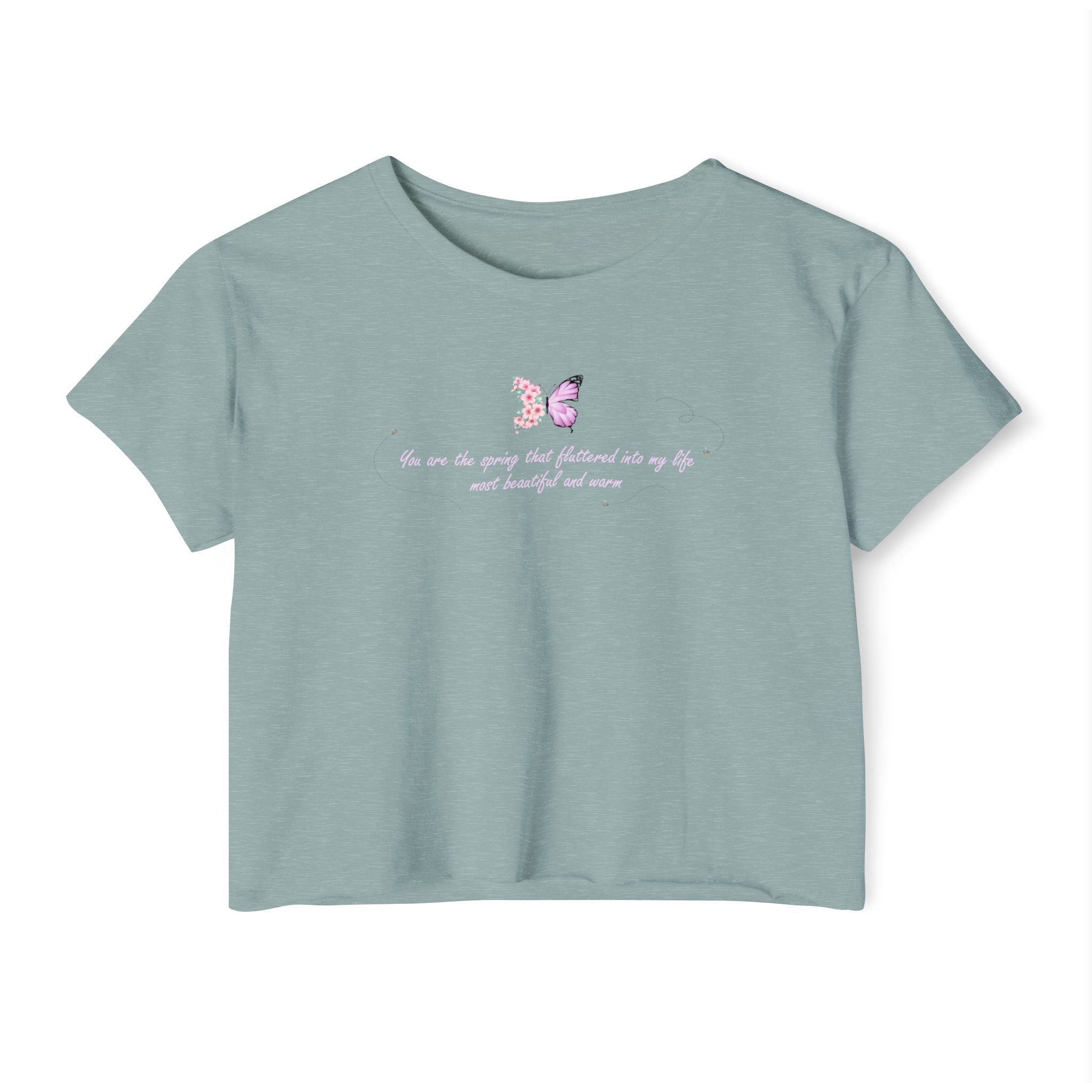 Women's Purple Floral Butterfly Spring Quote Cotton Blend Crop Top