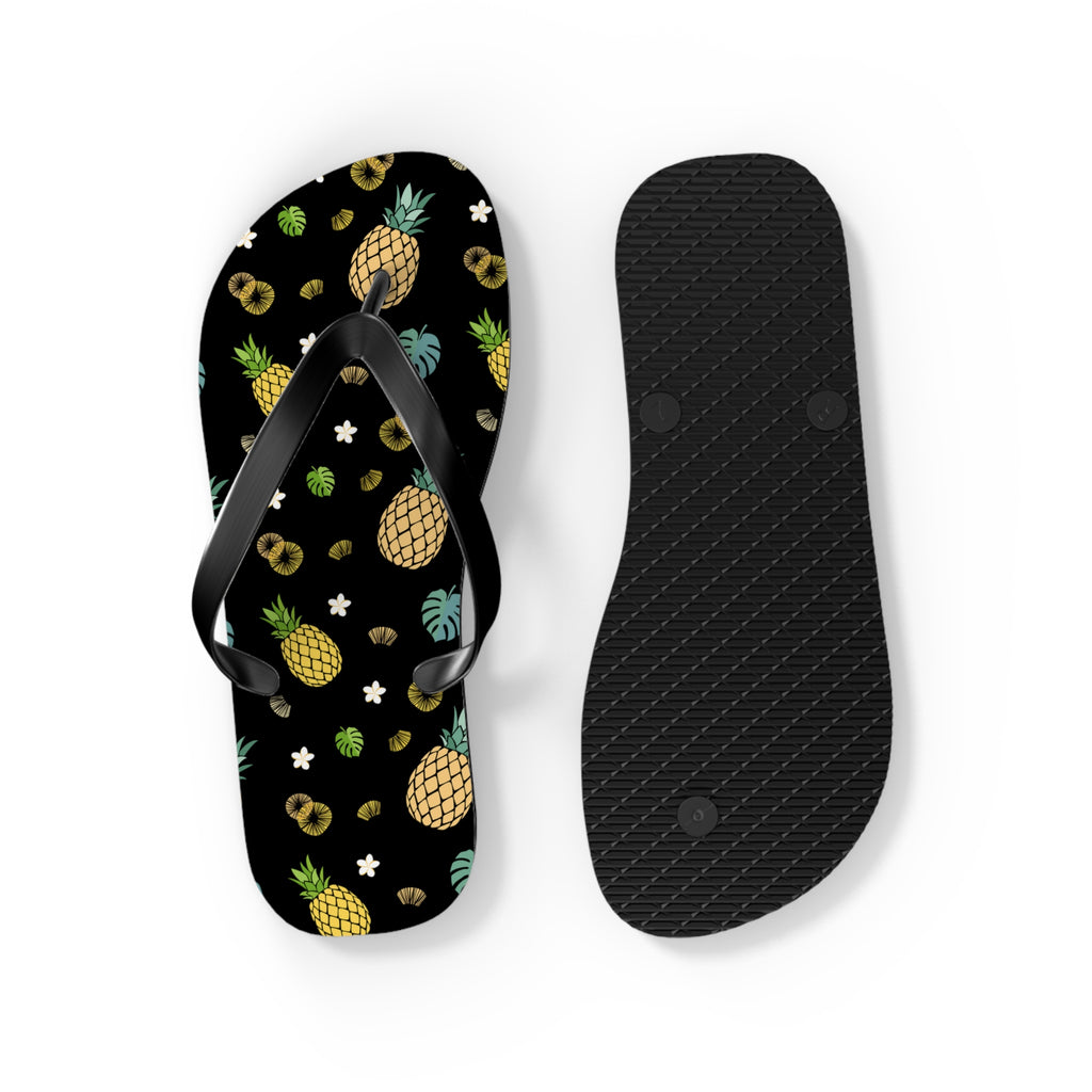 Unisex Black Pineapple Tropical Pattern EVA Polyester Flip Flops