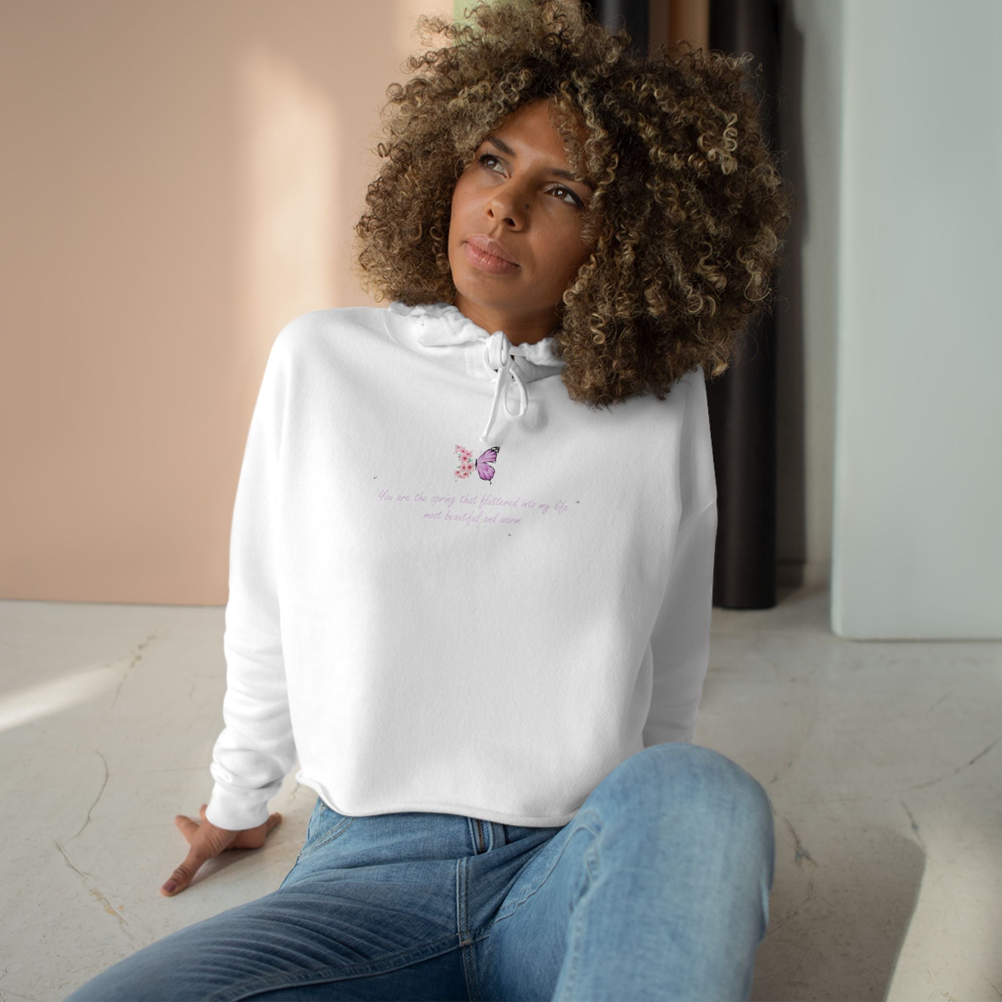 Women's Peach Floral Butterfly Spring Quote Cotton Blend Crop Hoodie