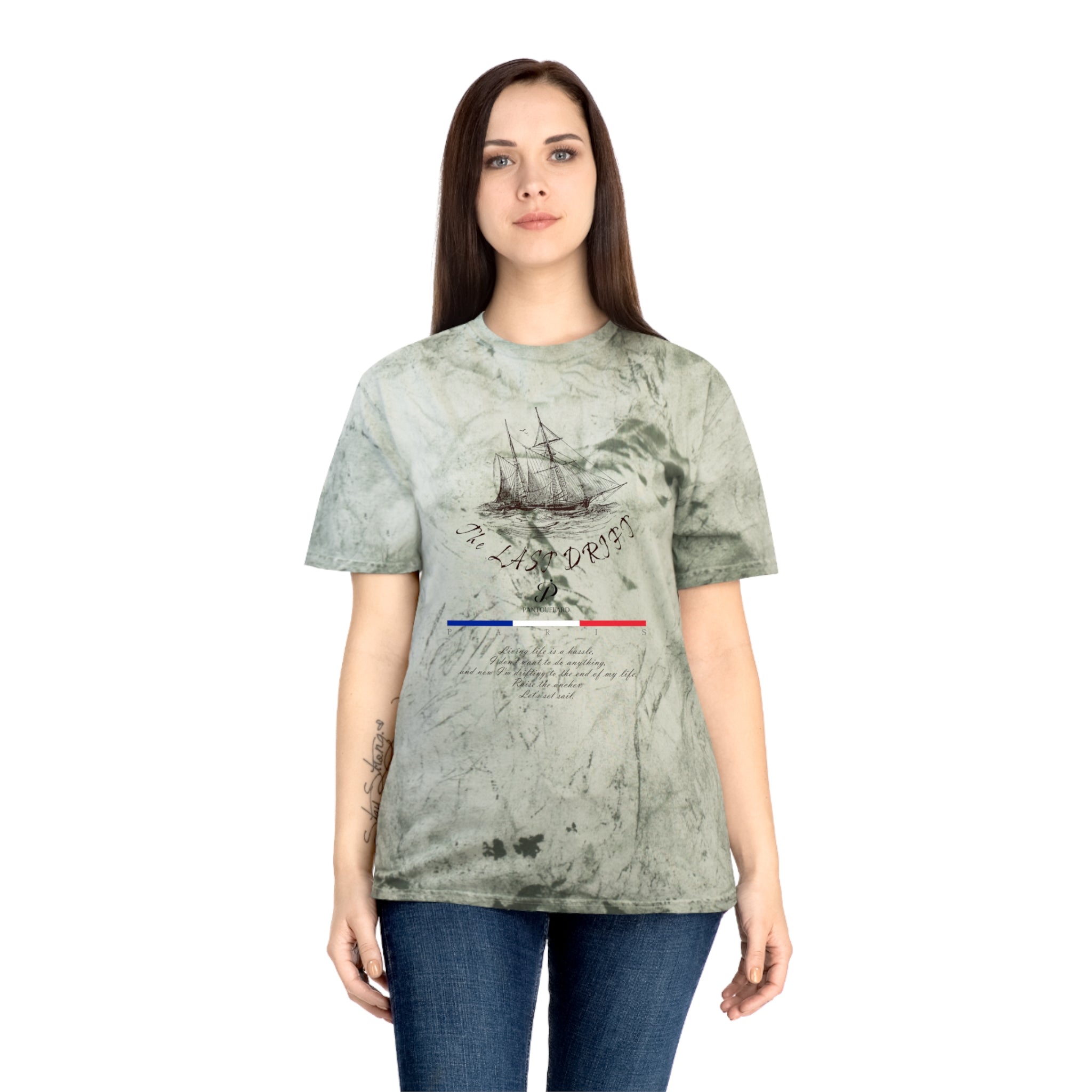 Unisex Grey Color Blast Vintage Ship Graphic 100% Cotton T-Shirt