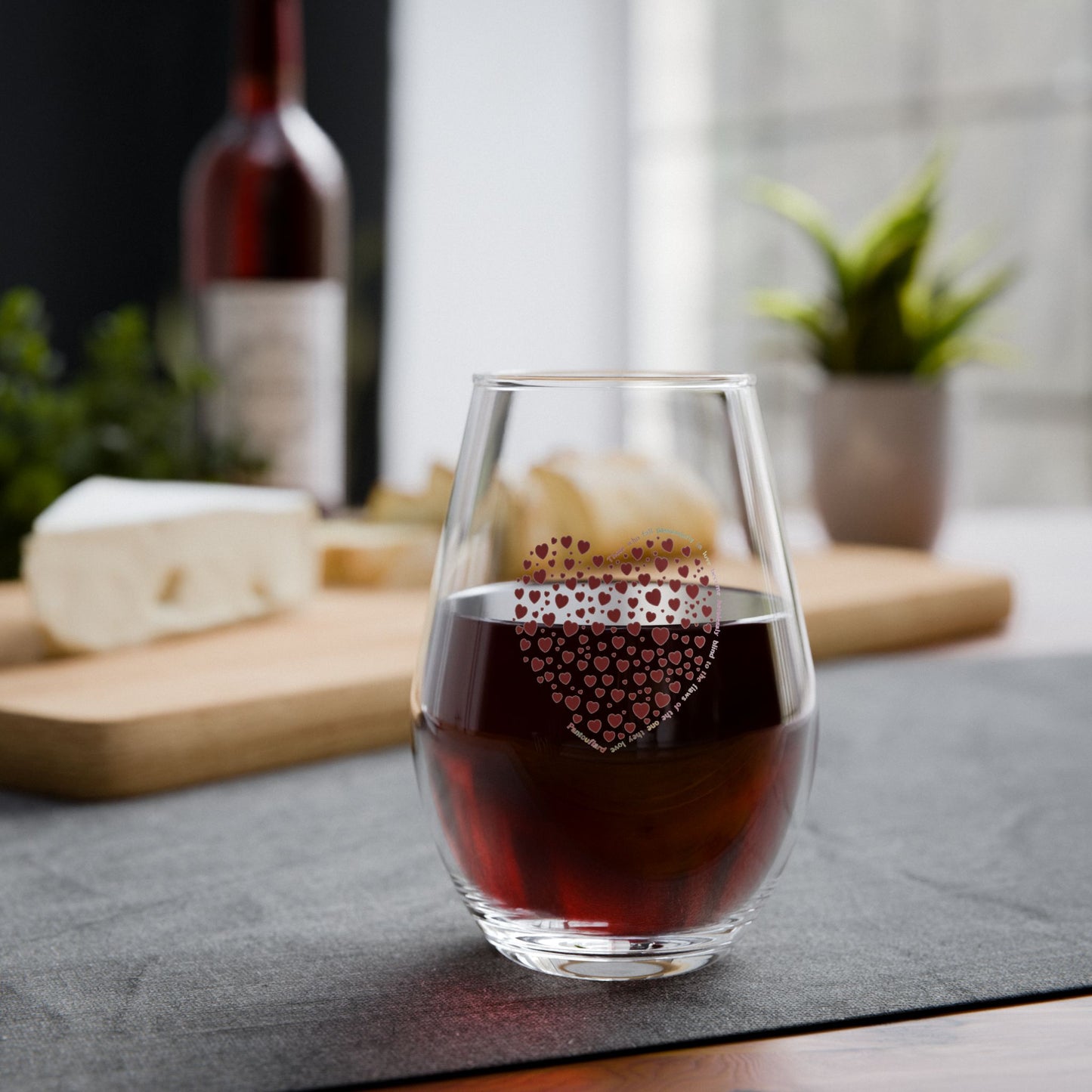 Red Heartfelt Stemless Wine Glass, Romantic Decor