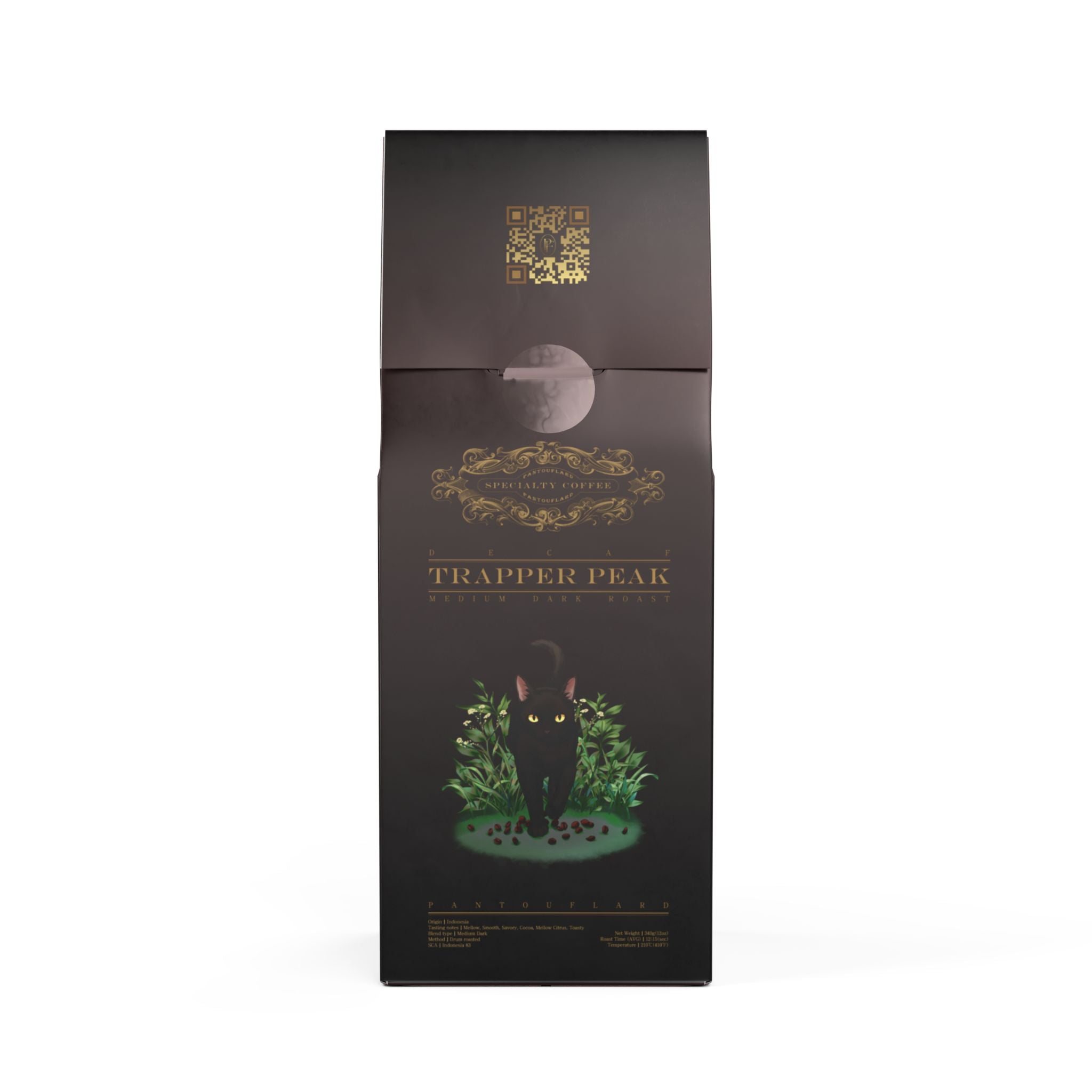Pantouflard Trapper Peak Decaf Medium Dark Roast Coffee – Whole Bean – 100% Arabica Specialty Blend (Indonesia) – Notes of Smooth, Savory, Cocoa, Mellow Citrus, Toasty – 12oz(340g)