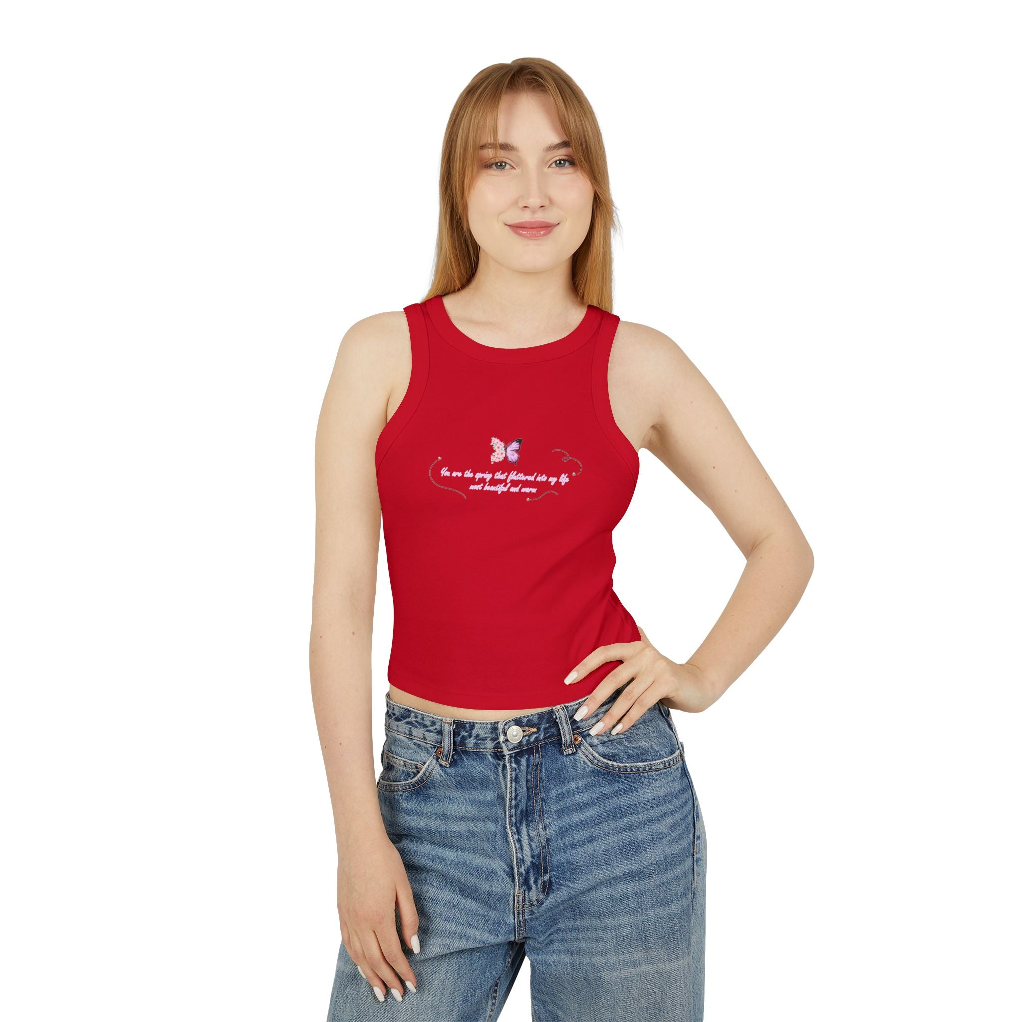 Women's Navy Blue Floral Butterfly Spring Quote Cotton Blend Racer Tank Top