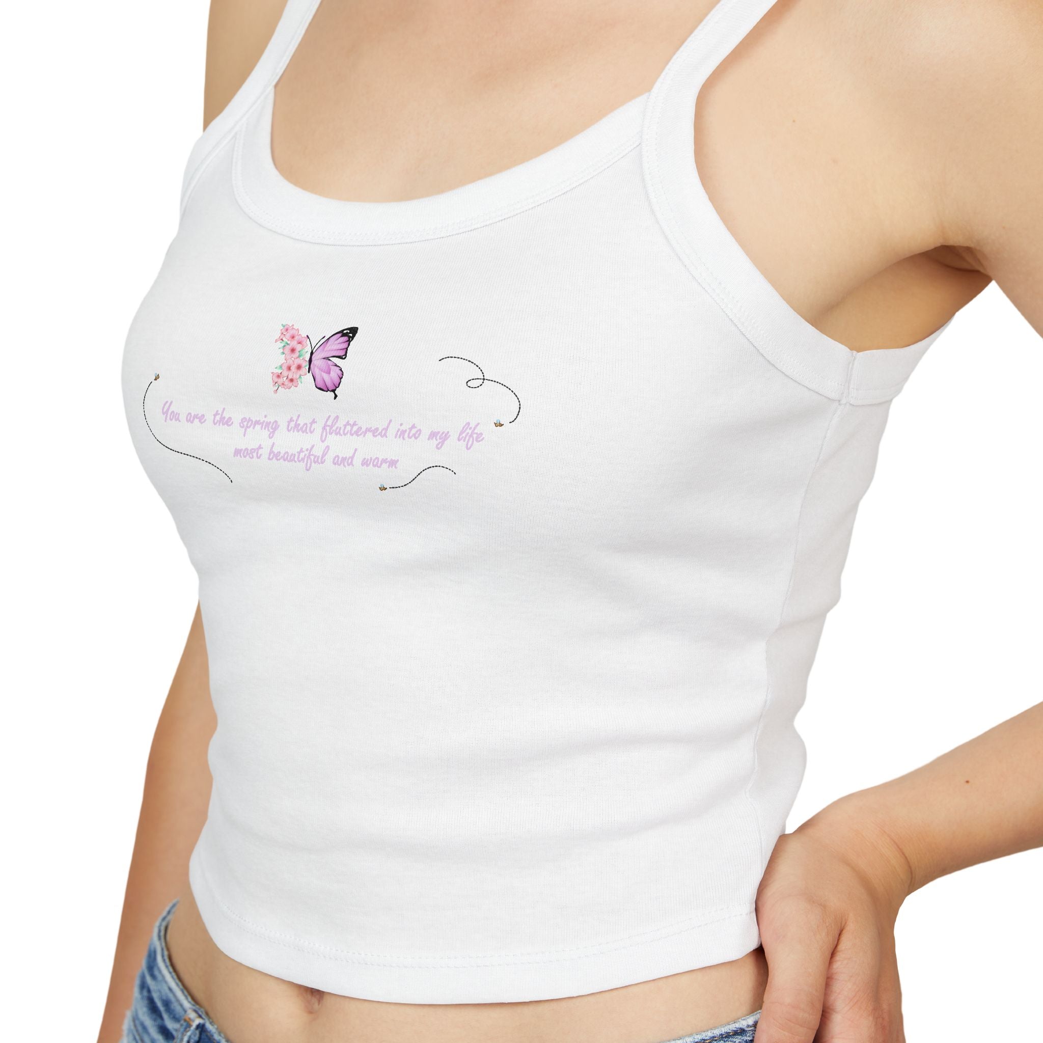Women's Pink Floral Butterfly Spring Quote Cotton Blend Spaghetti Strap Tank Top