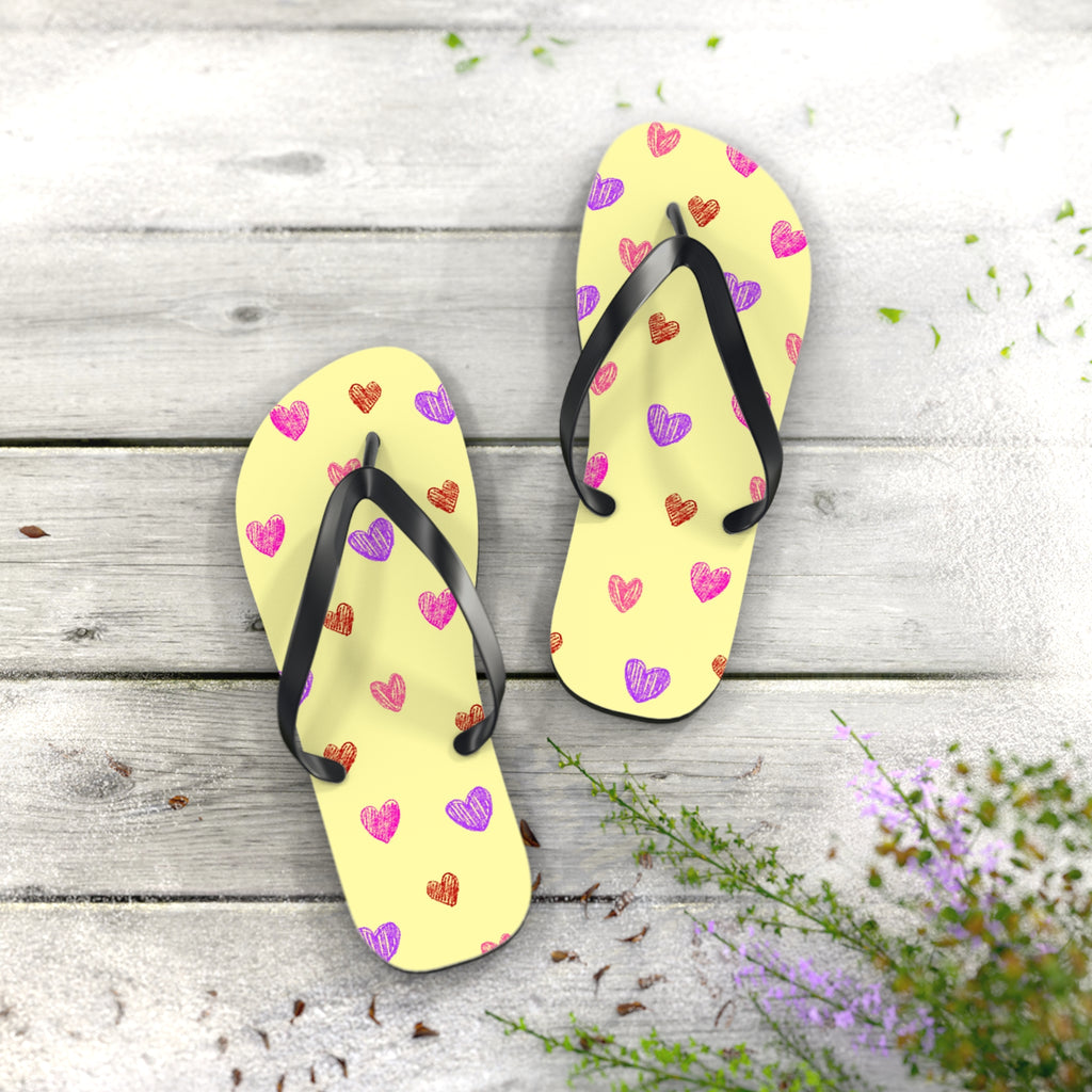 Unisex Light Yellow Colorful Hand Drawn Heart Pattern EVA Polyester Flip Flops
