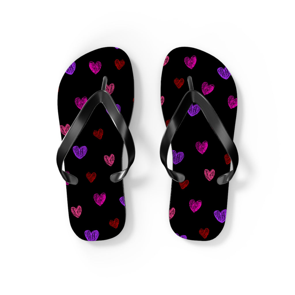 Unisex Black Colorful Hand Drawn Heart Pattern EVA Polyester Flip Flops