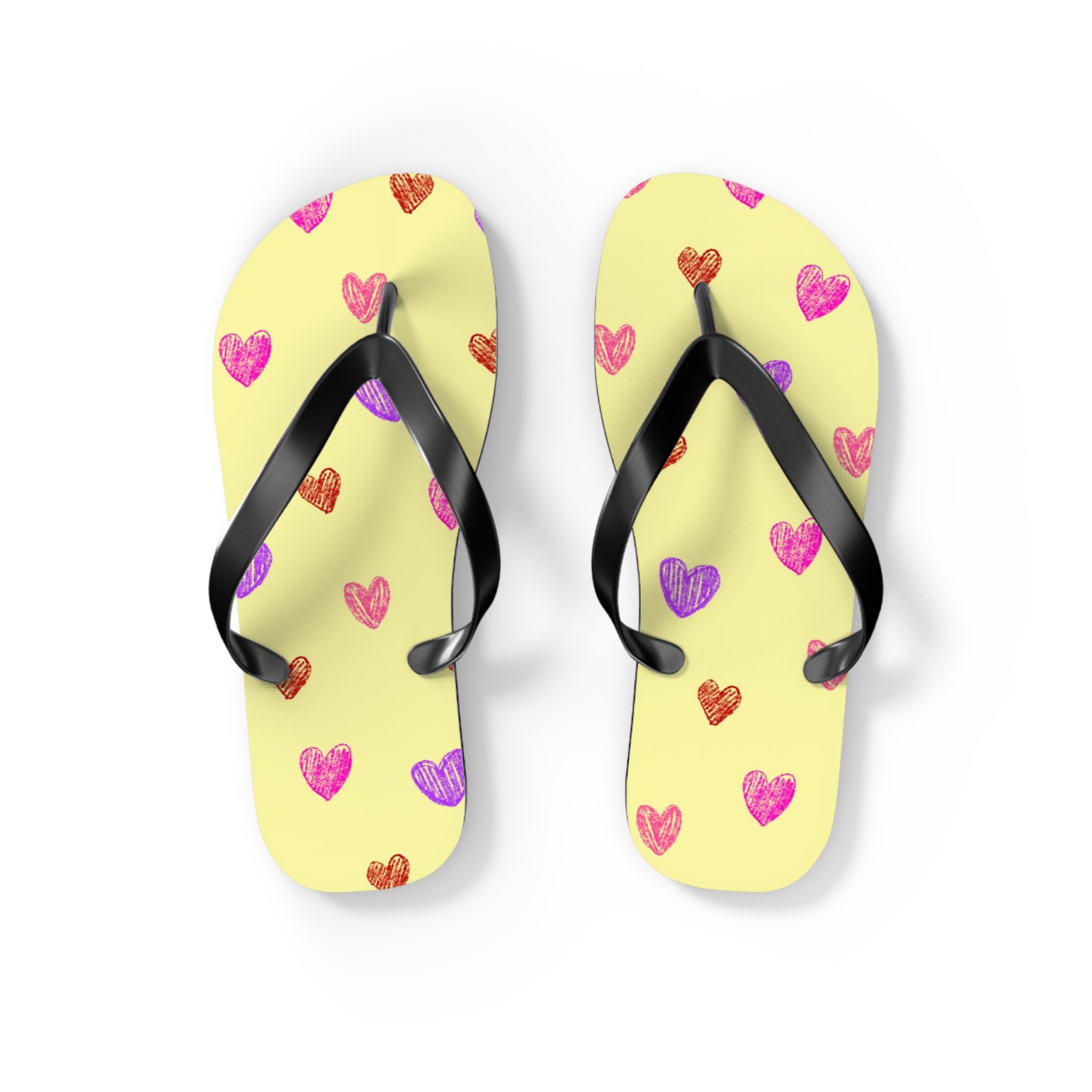 Unisex Light Yellow Colorful Hand Drawn Heart Pattern EVA Polyester Flip Flops