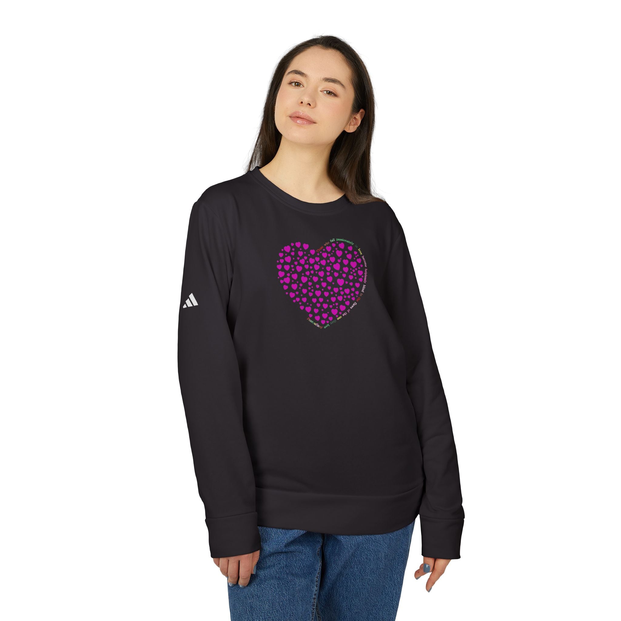 Sudadera unisex Adidas® con cuello redondo y diseño de corazón rosa