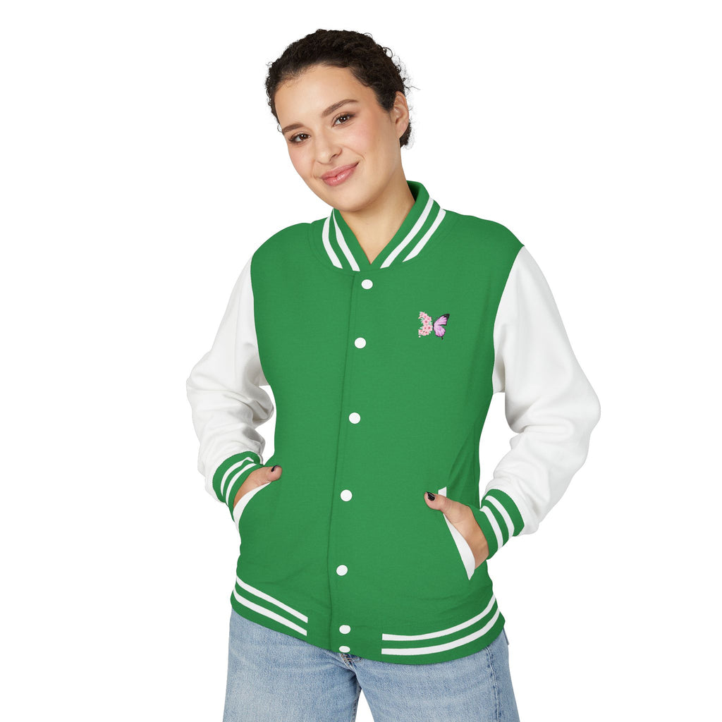 Unisex Navy Blue Floral Butterfly Spring Quote Cotton Blend Letterman Jacket