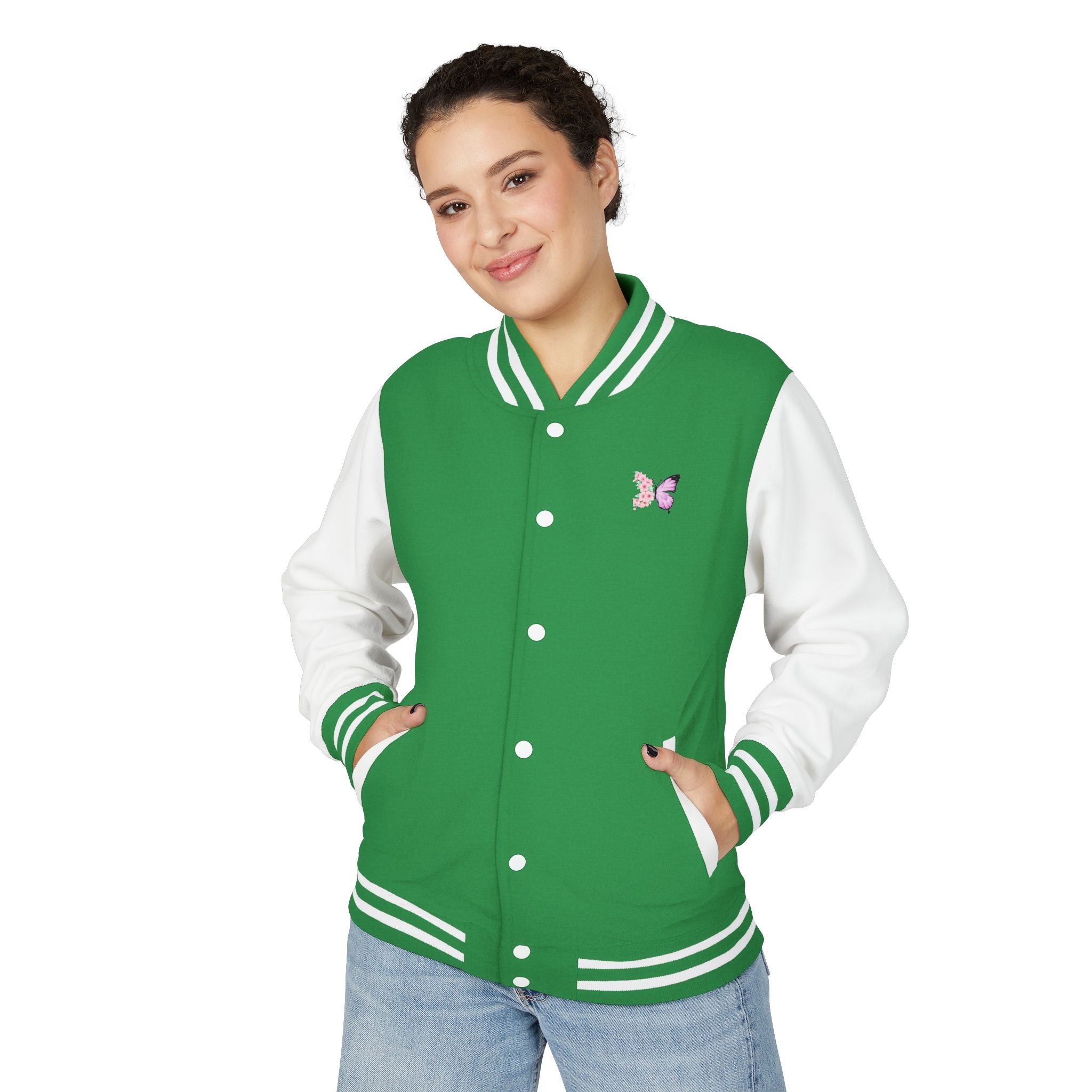 Unisex Navy Blue Floral Butterfly Spring Quote Cotton Blend Letterman Jacket