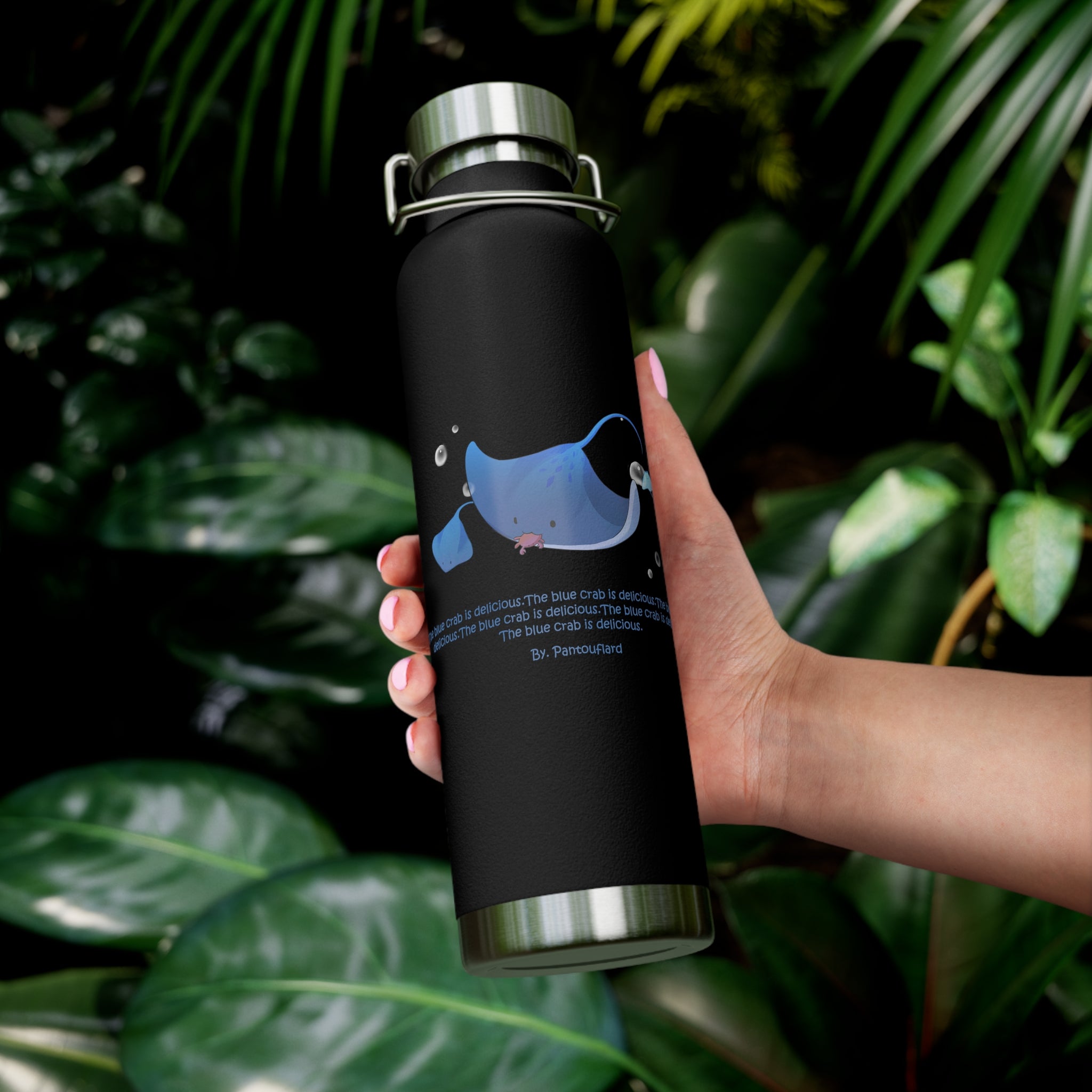 Cyan Blue Cute Stingray Eating Crab Quote 22oz Copper Vacuum Insulated Bottle