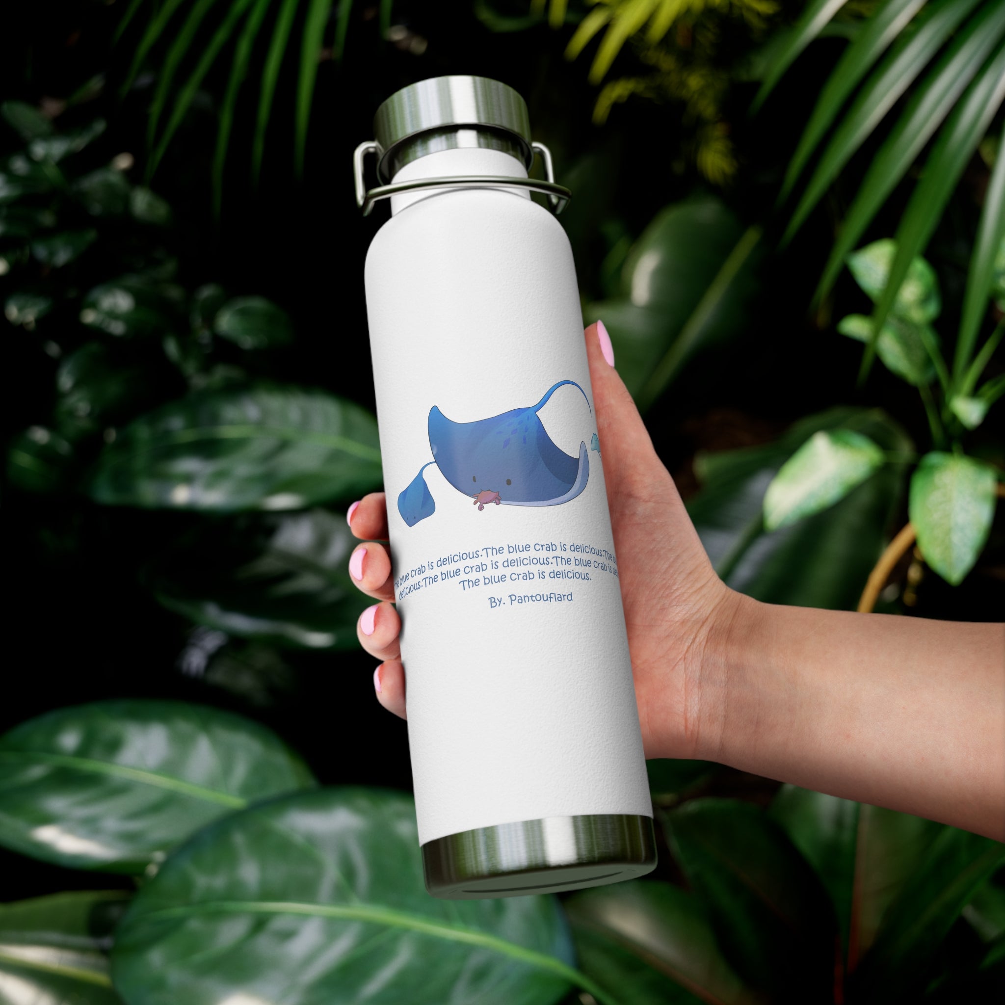 Cyan Blue Cute Stingray Eating Crab Quote 22oz Copper Vacuum Insulated Bottle