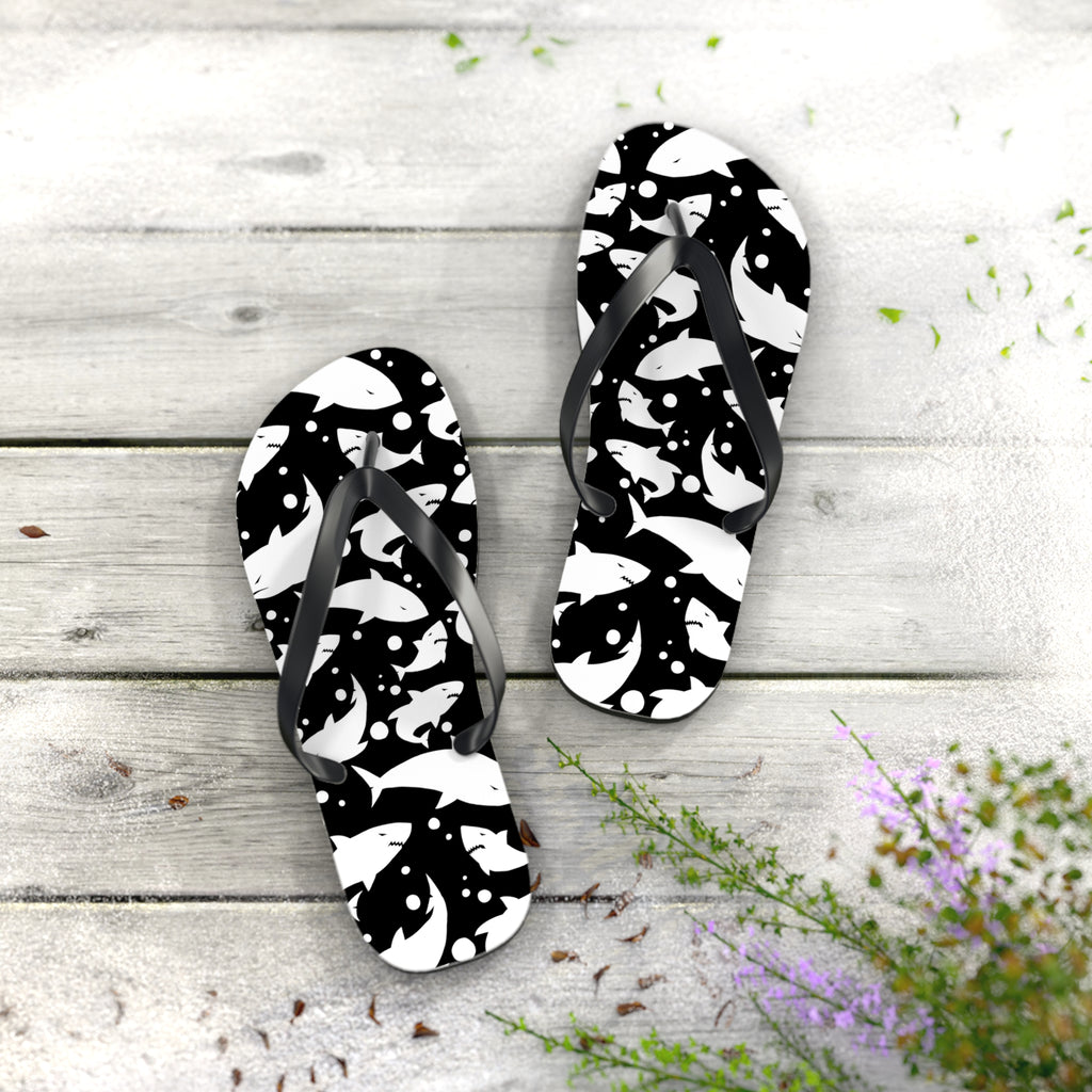 Men's/Women's Black and White Shark Print Flip Flops - Graphic Thong Sandals