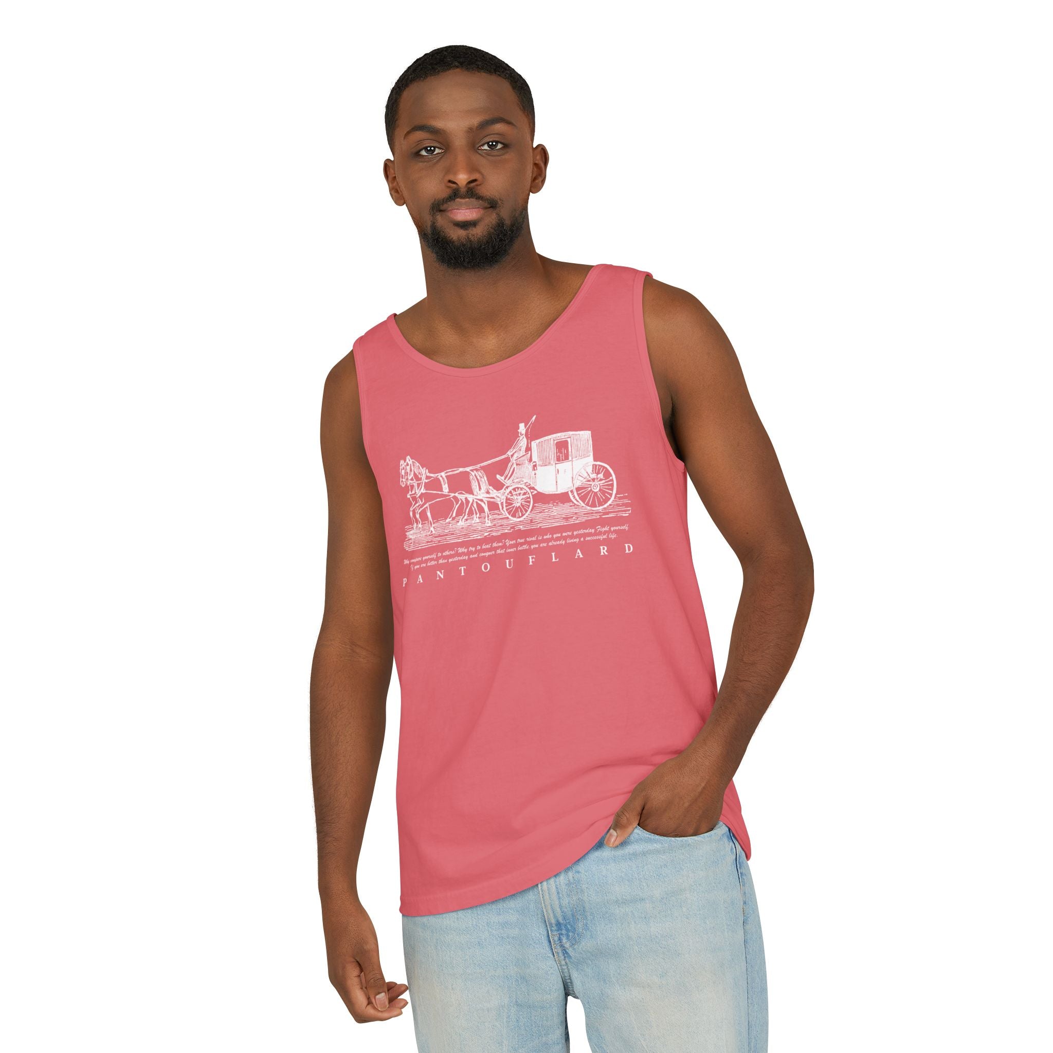Unisex Black Pantouflard Carriage Cotton Garment-Dyed Tank Top